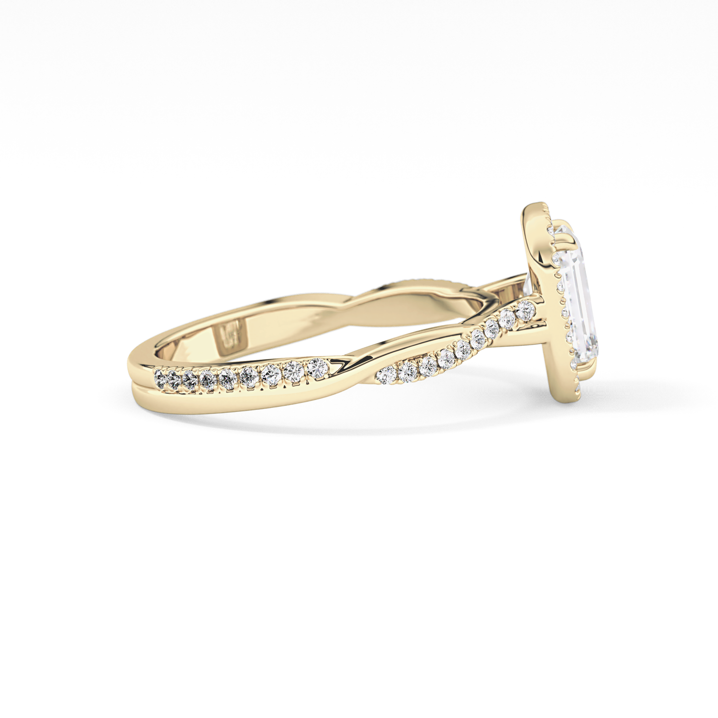 Emerald Cut 1.02 Carat Moissanite Ring – Twisted Shank, Halo and Pave Setting in Gold