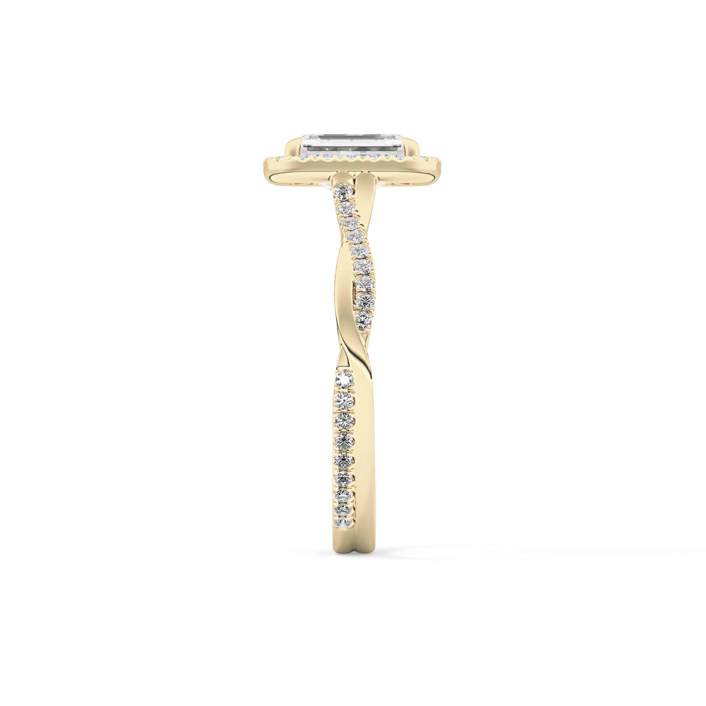 Emerald Cut 1.02 Carat Moissanite Ring – Twisted Shank, Halo and Pave Setting in Gold