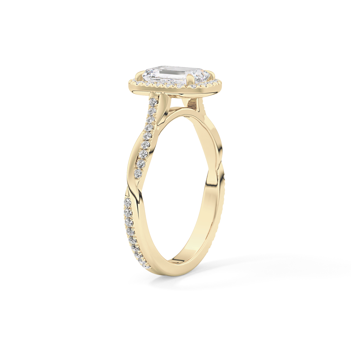 Emerald Cut 1.02 Carat Moissanite Ring – Twisted Shank, Halo and Pave Setting in Gold
