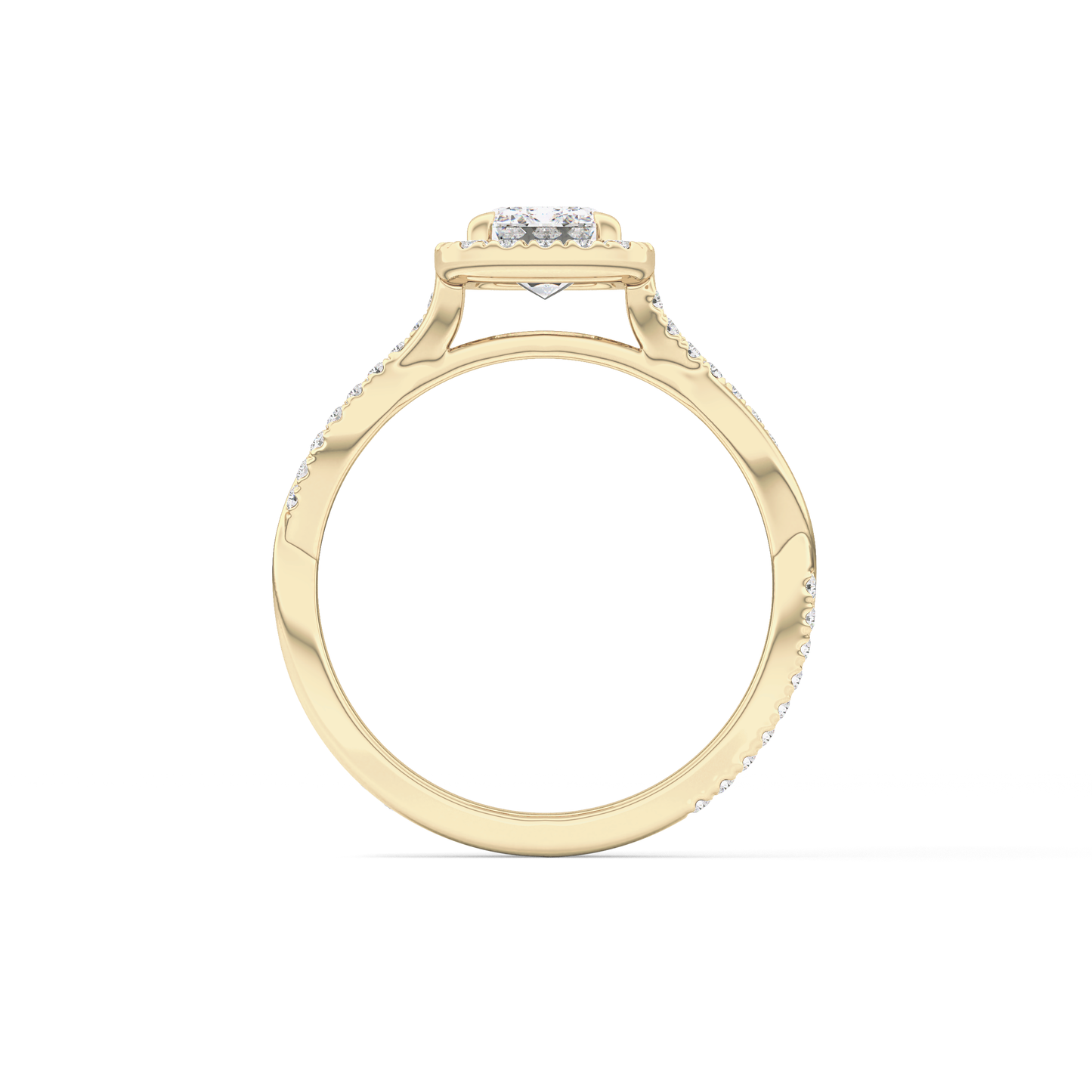 Emerald Cut 1.02 Carat Moissanite Ring – Twisted Shank, Halo and Pave Setting in Gold