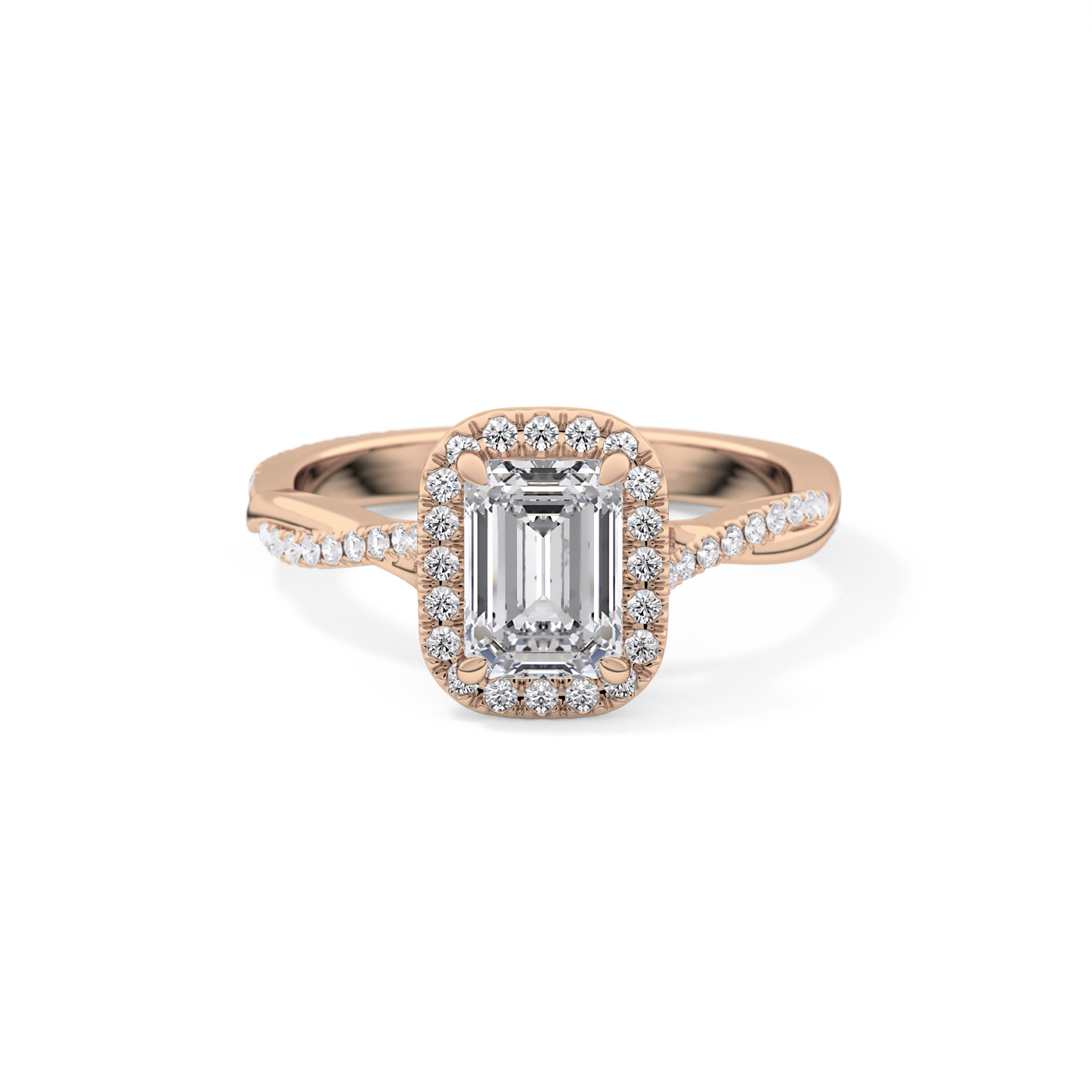Emerald Cut 1.02 Carat Moissanite Ring – Twisted Shank, Halo and Pave Setting in Gold