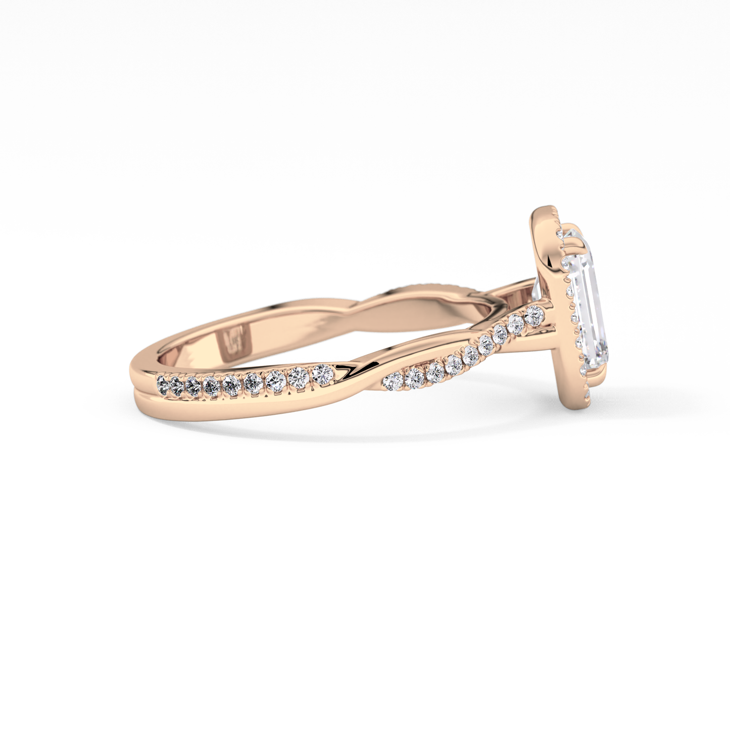 Emerald Cut 1.02 Carat Moissanite Ring – Twisted Shank, Halo and Pave Setting in Gold