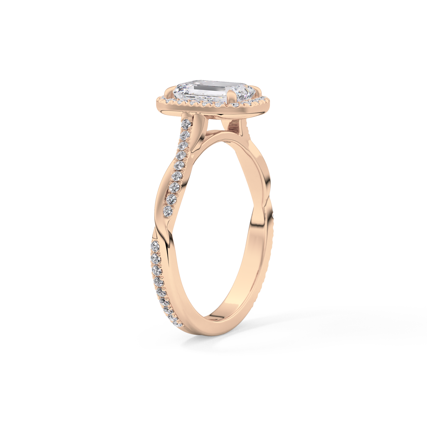 Emerald Cut 1.02 Carat Moissanite Ring – Twisted Shank, Halo and Pave Setting in Gold