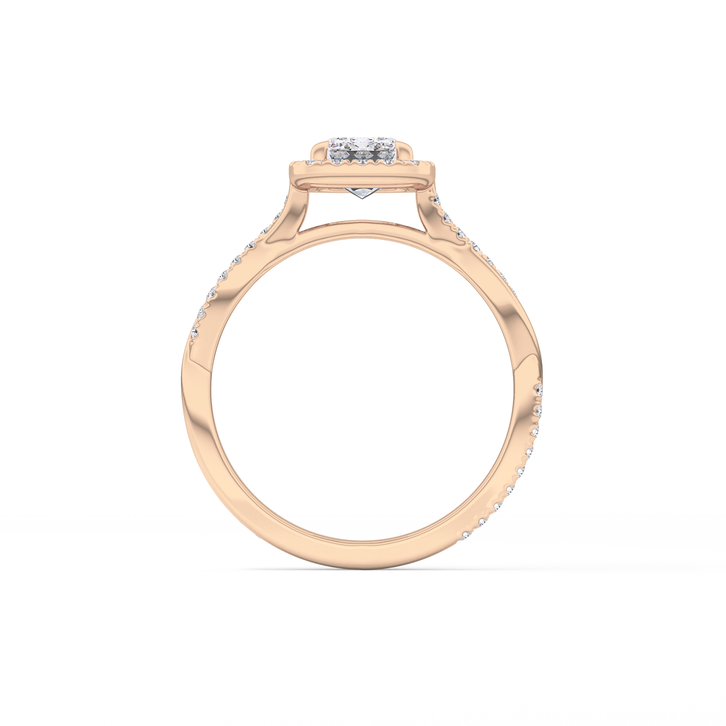 Emerald Cut 1.02 Carat Moissanite Ring – Twisted Shank, Halo and Pave Setting in Gold
