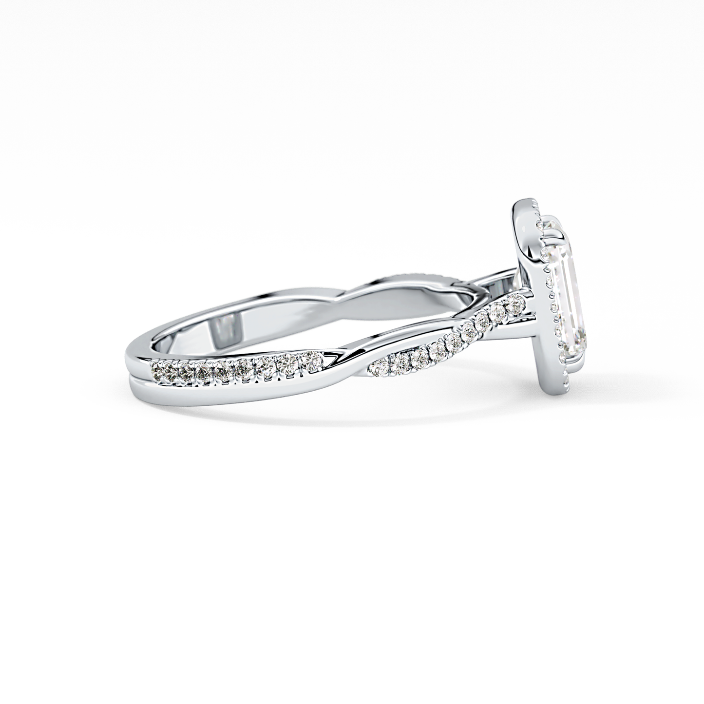 Emerald Cut 1.02 Carat Moissanite Ring – Twisted Shank, Halo and Pave Setting in Gold