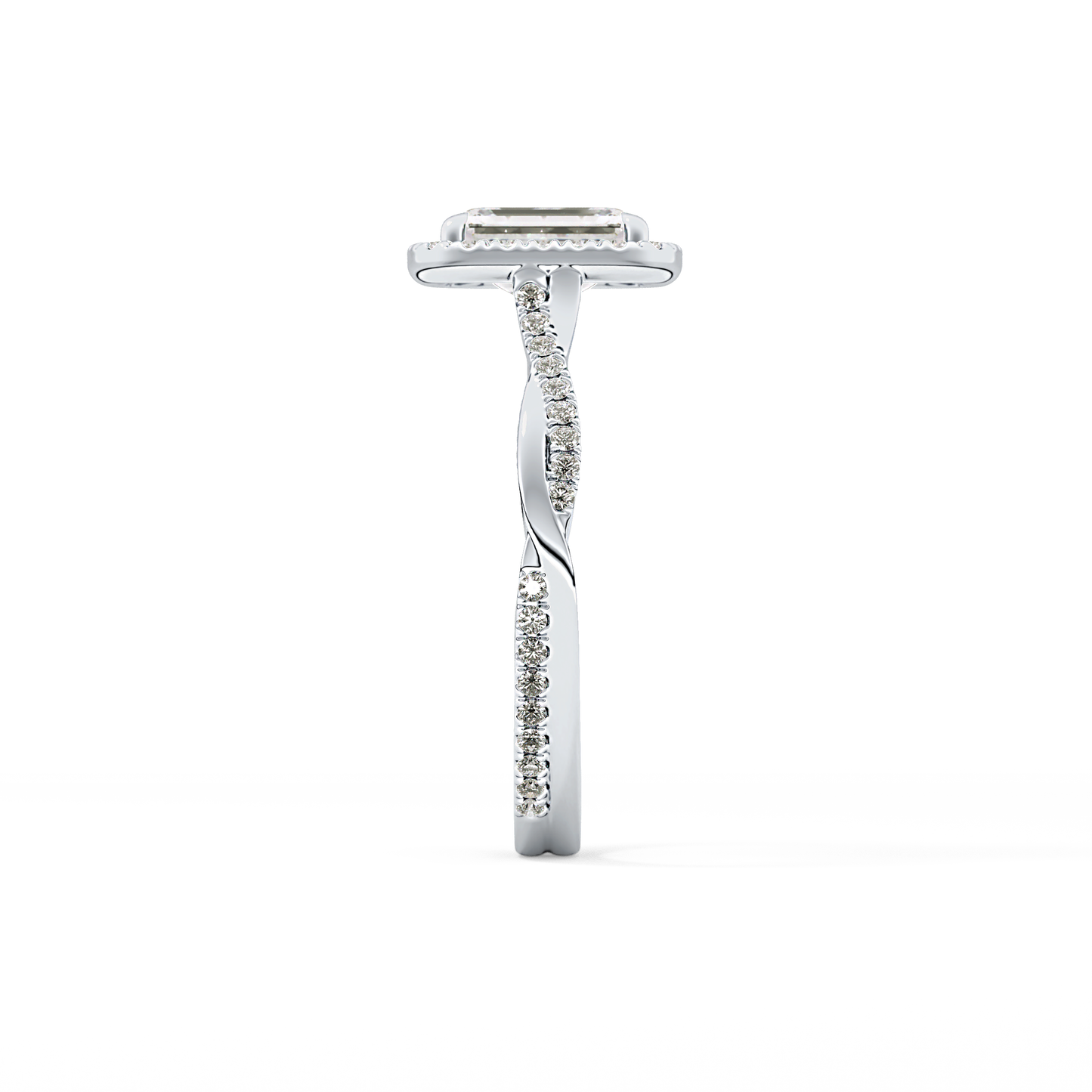 Emerald Cut 1.02 Carat Moissanite Ring – Twisted Shank, Halo and Pave Setting in Gold