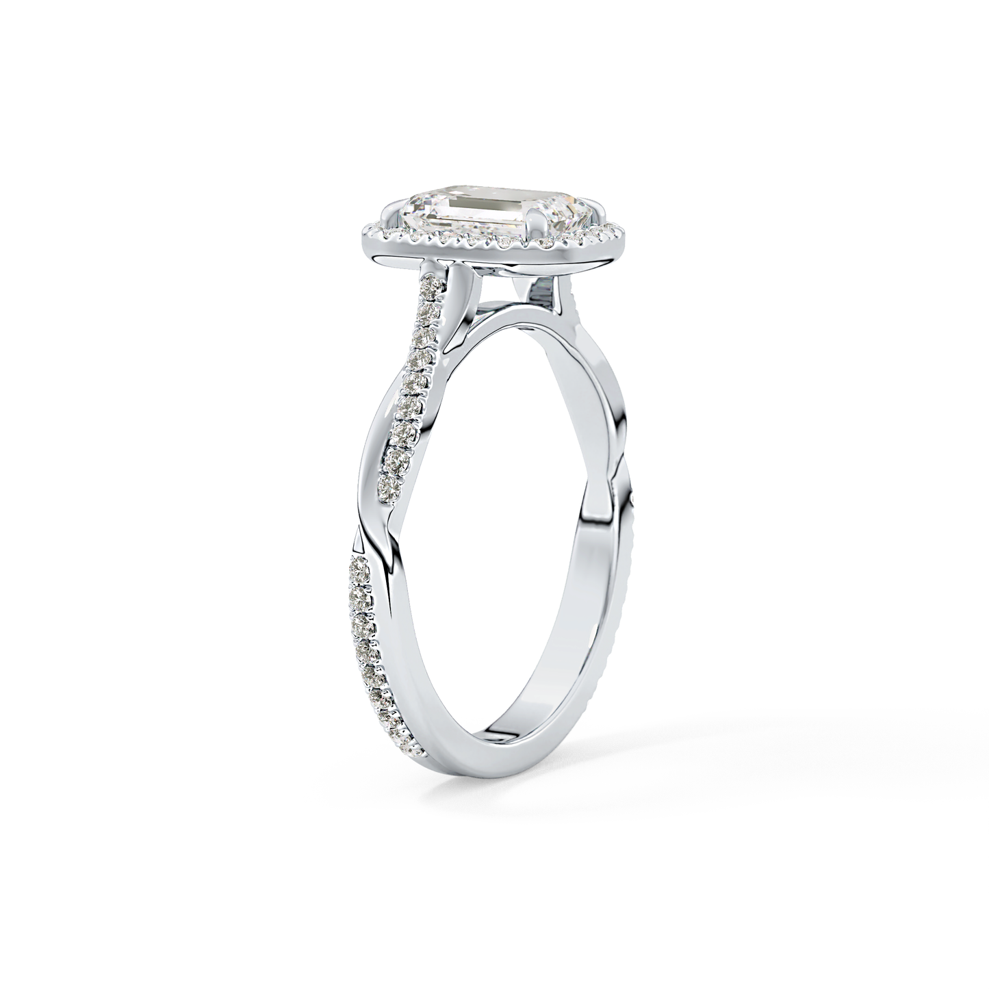 Emerald Cut 1.02 Carat Moissanite Ring – Twisted Shank, Halo and Pave Setting in Gold
