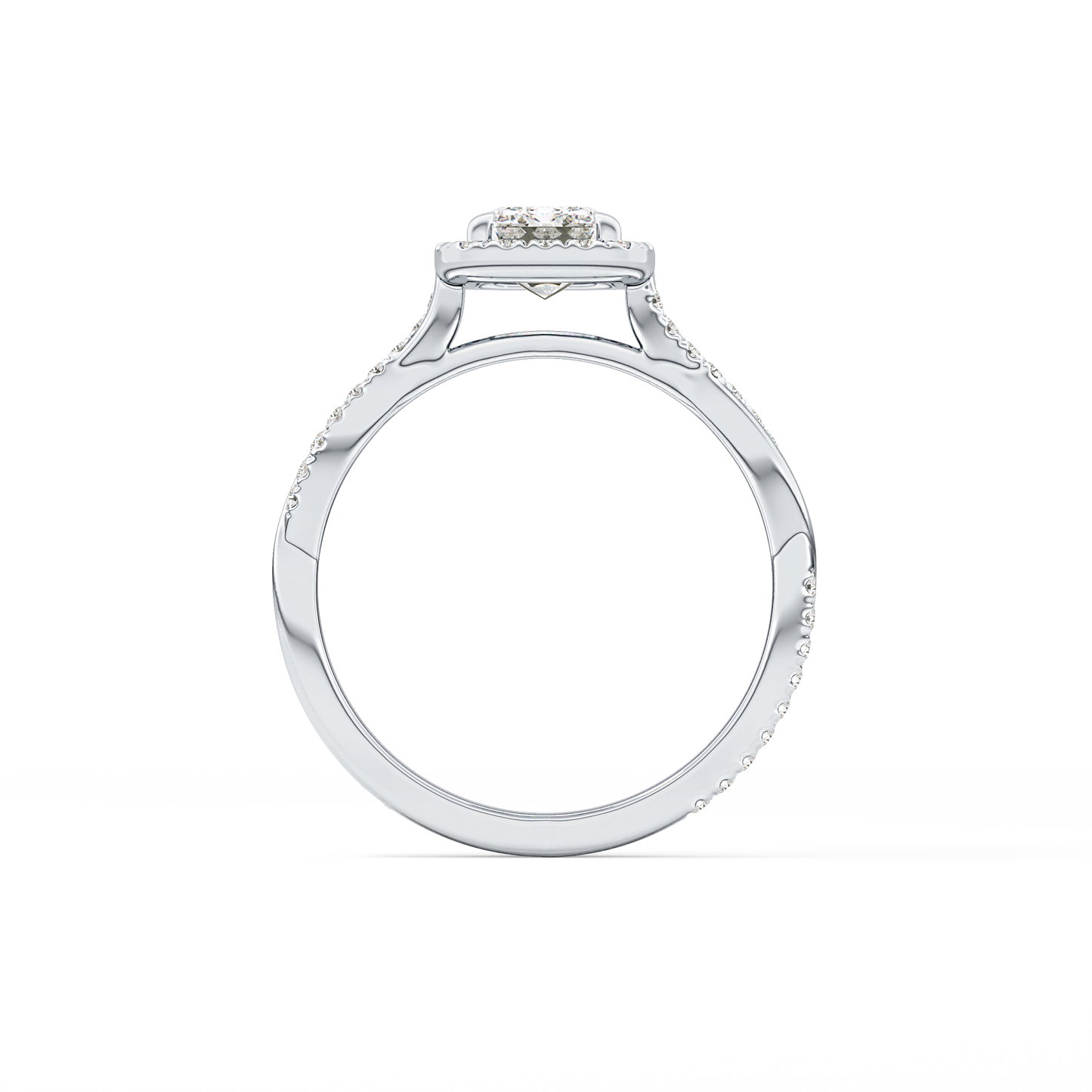 Emerald Cut 1.02 Carat Moissanite Ring – Twisted Shank, Halo and Pave Setting in Gold
