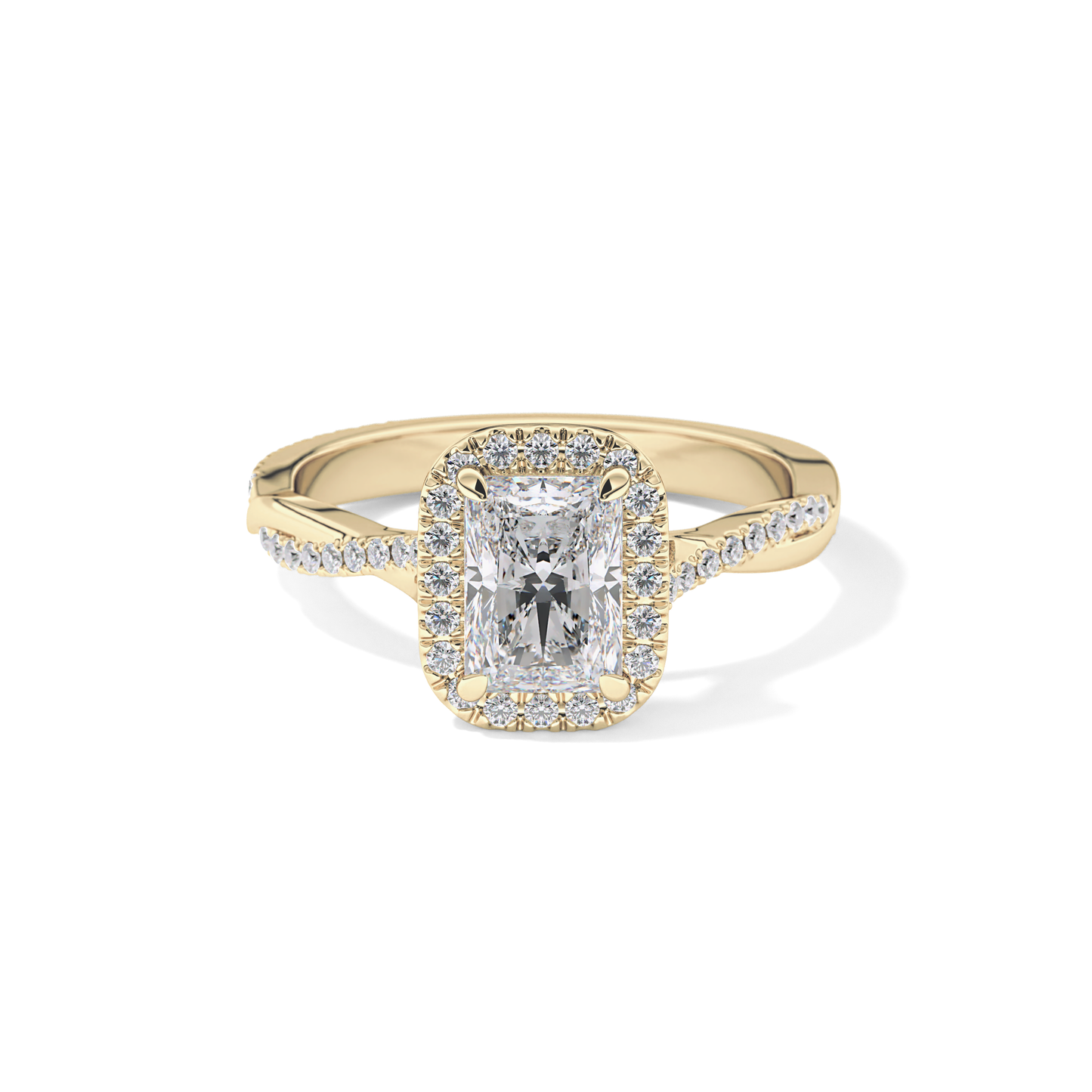 Radiant Cut 1.21 Carat Moissanite Ring – Twisted Shank, Halo and Pave Setting in Gold