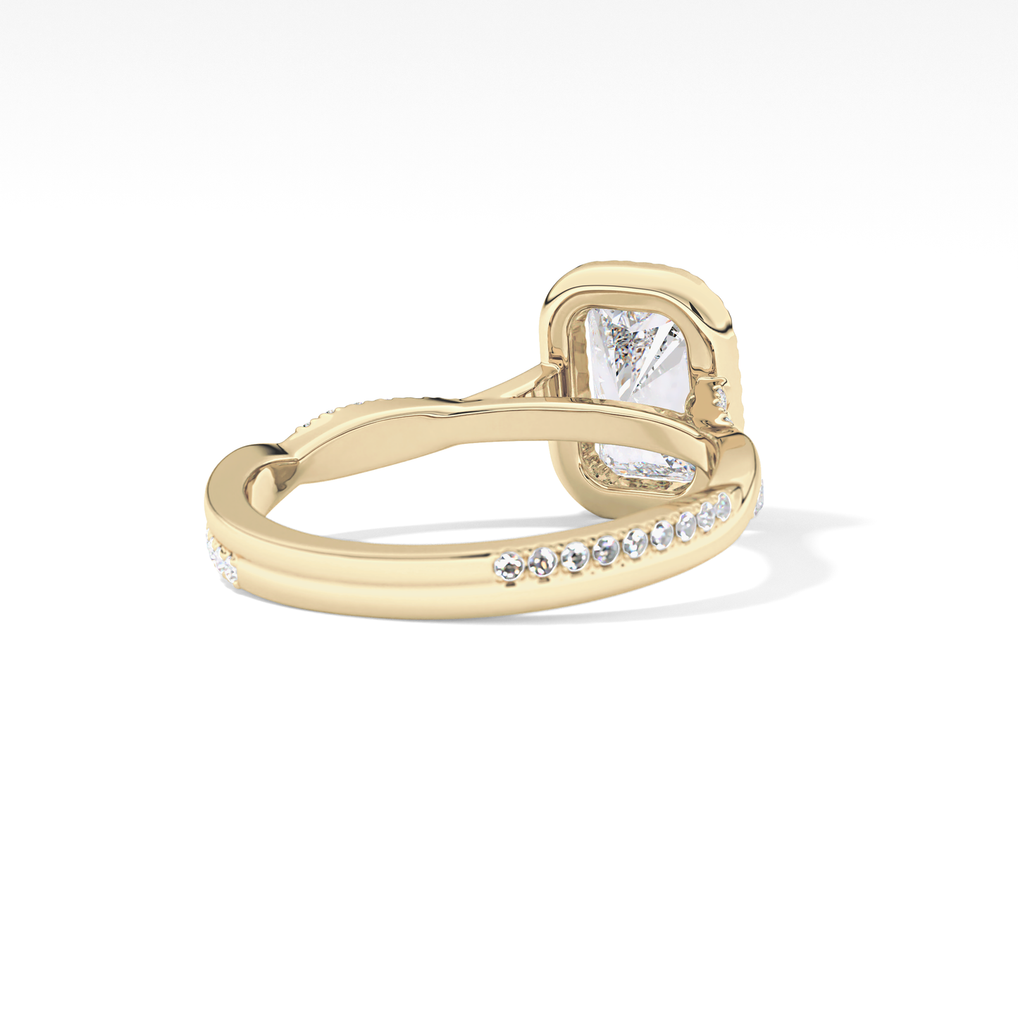 Radiant Cut 1.21 Carat Moissanite Ring – Twisted Shank, Halo and Pave Setting in Gold