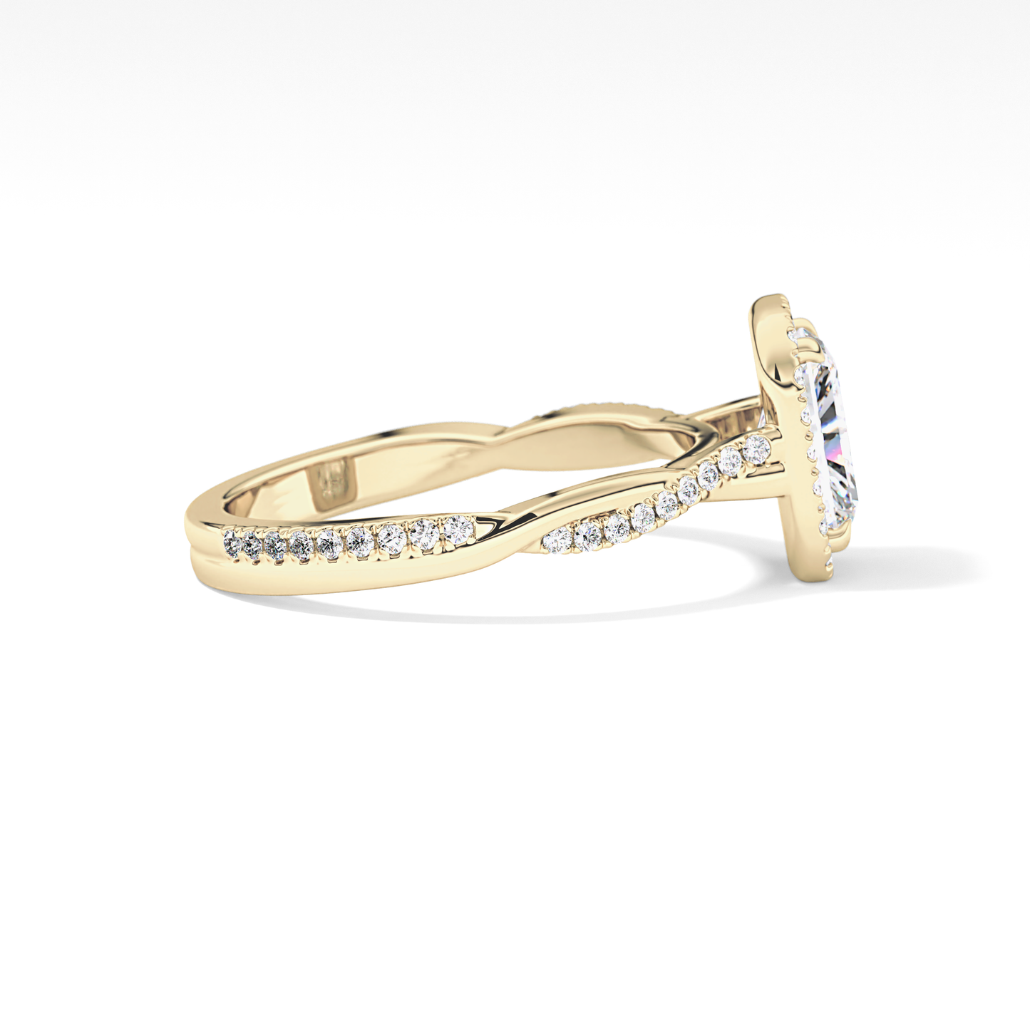 Radiant Cut 1.21 Carat Moissanite Ring – Twisted Shank, Halo and Pave Setting in Gold