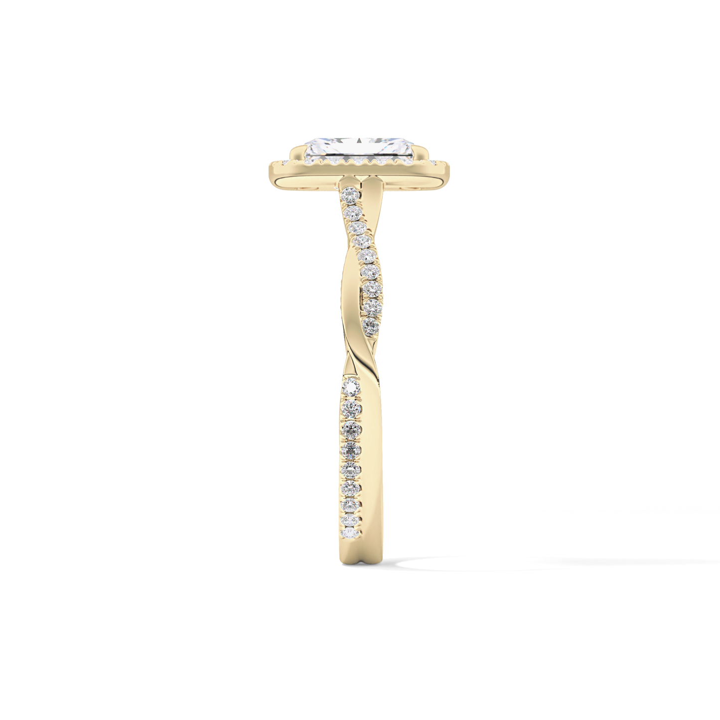 Radiant Cut 1.21 Carat Moissanite Ring – Twisted Shank, Halo and Pave Setting in Gold