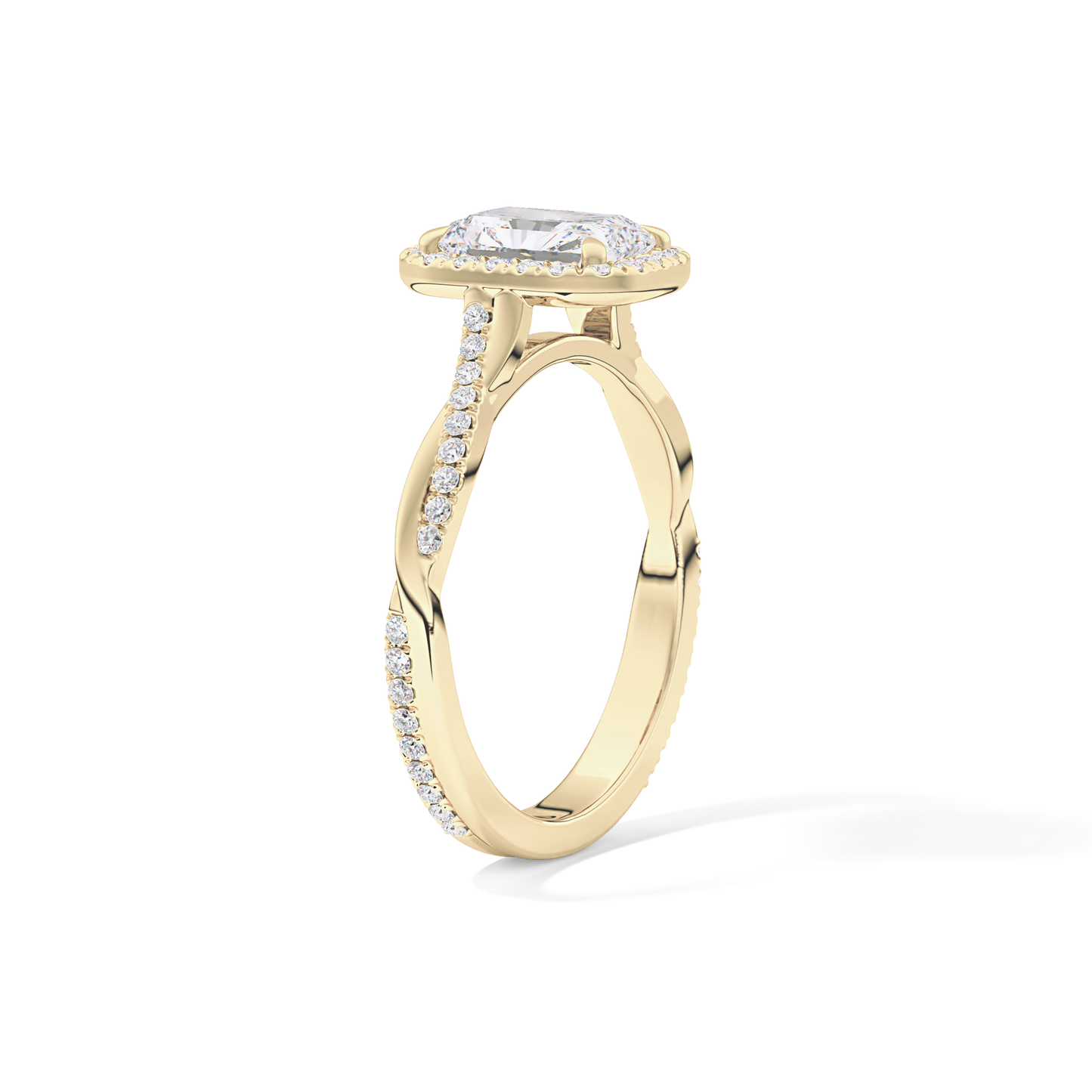 Radiant Cut 1.21 Carat Moissanite Ring – Twisted Shank, Halo and Pave Setting in Gold