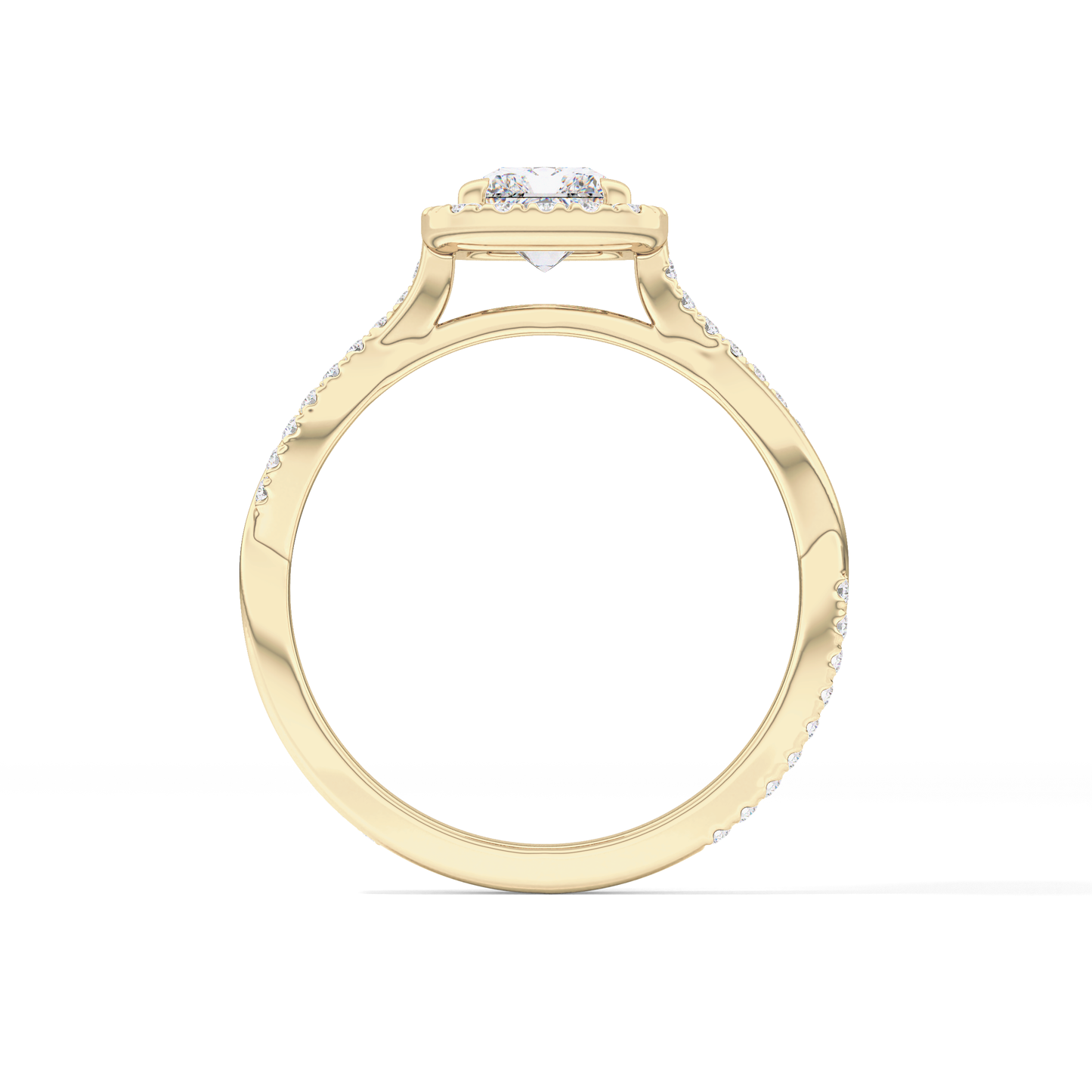 Radiant Cut 1.21 Carat Moissanite Ring – Twisted Shank, Halo and Pave Setting in Gold