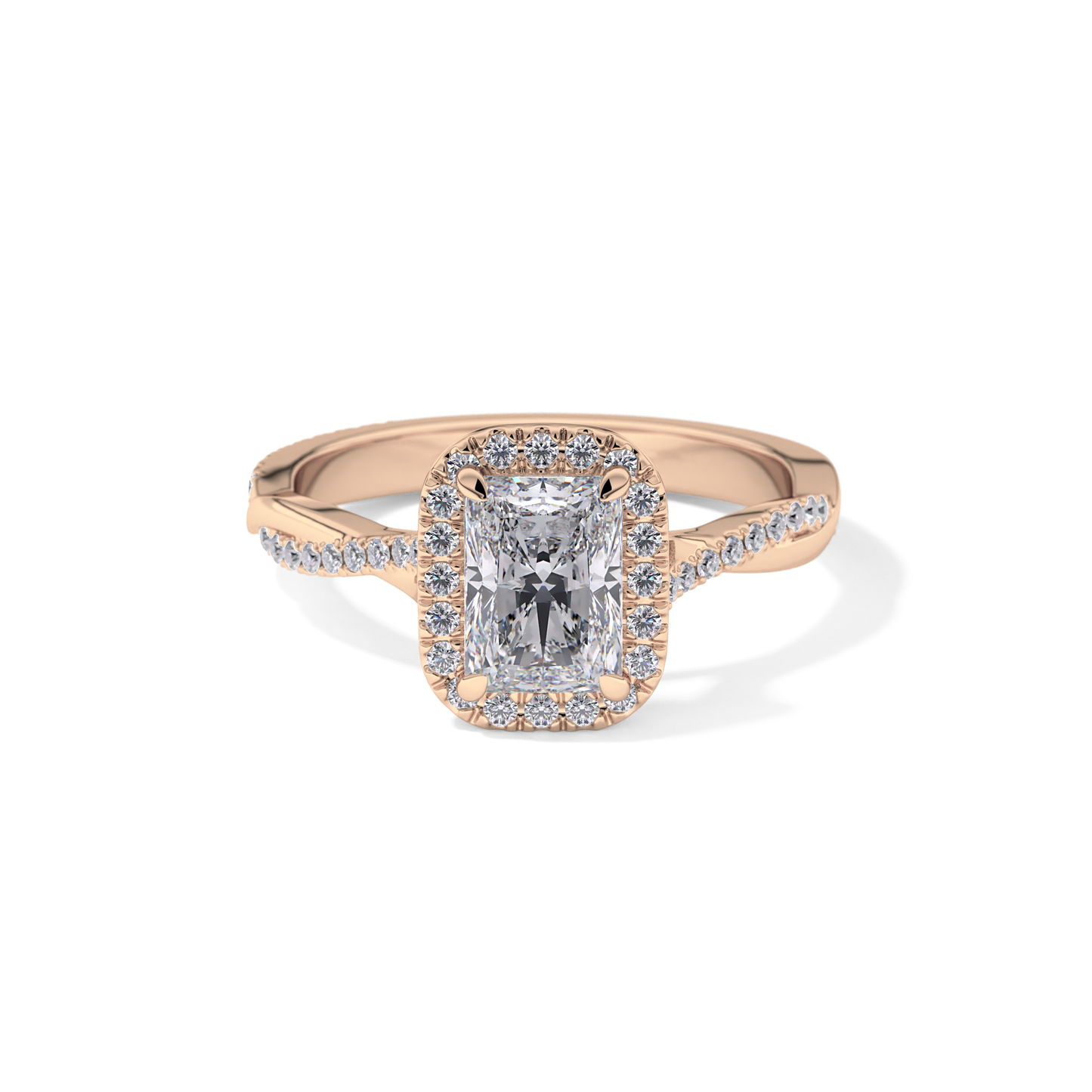 Radiant Cut 1.21 Carat Moissanite Ring – Twisted Shank, Halo and Pave Setting in Gold