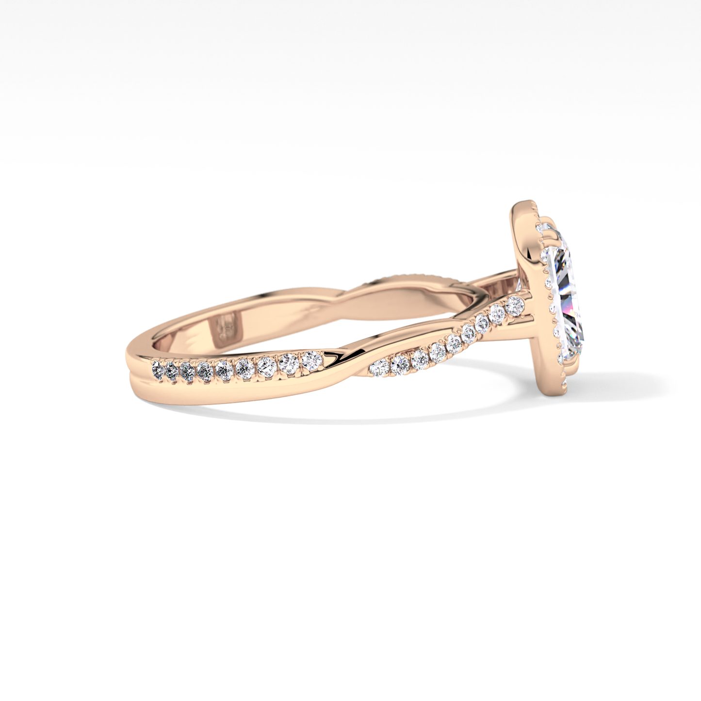 Radiant Cut 1.21 Carat Moissanite Ring – Twisted Shank, Halo and Pave Setting in Gold