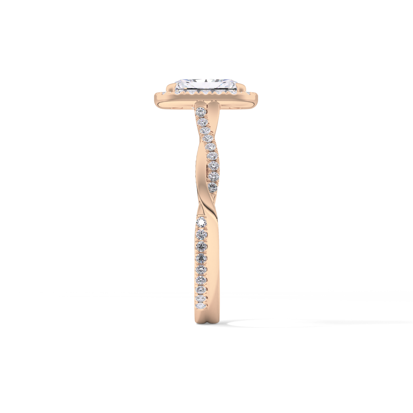 Radiant Cut 1.21 Carat Moissanite Ring – Twisted Shank, Halo and Pave Setting in Gold