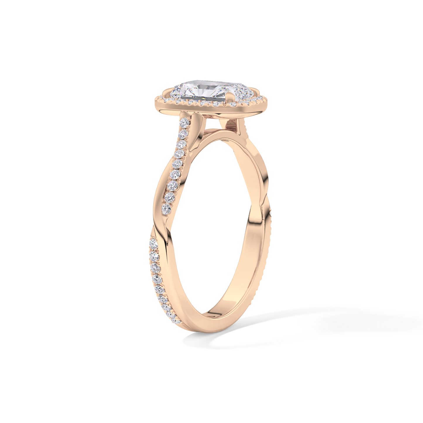 Radiant Cut 1.21 Carat Moissanite Ring – Twisted Shank, Halo and Pave Setting in Gold