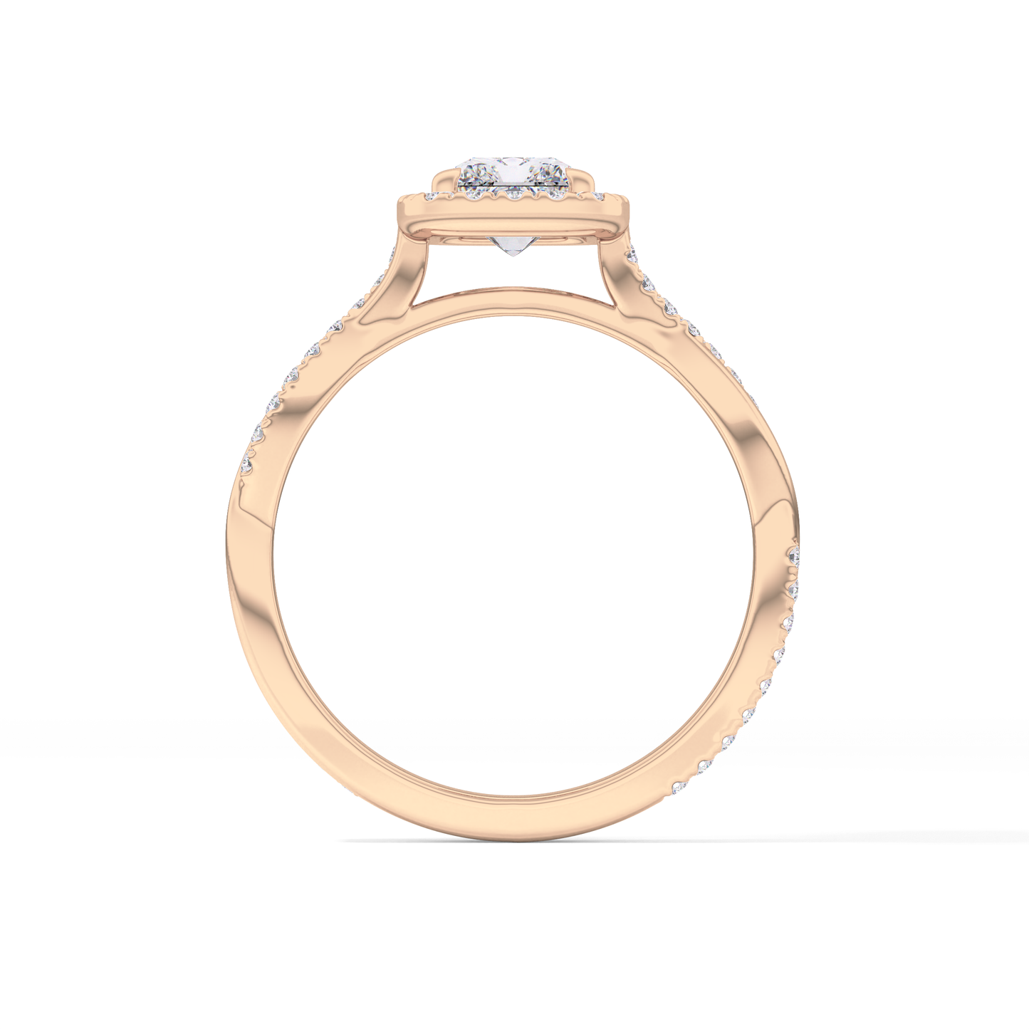 Radiant Cut 1.21 Carat Moissanite Ring – Twisted Shank, Halo and Pave Setting in Gold