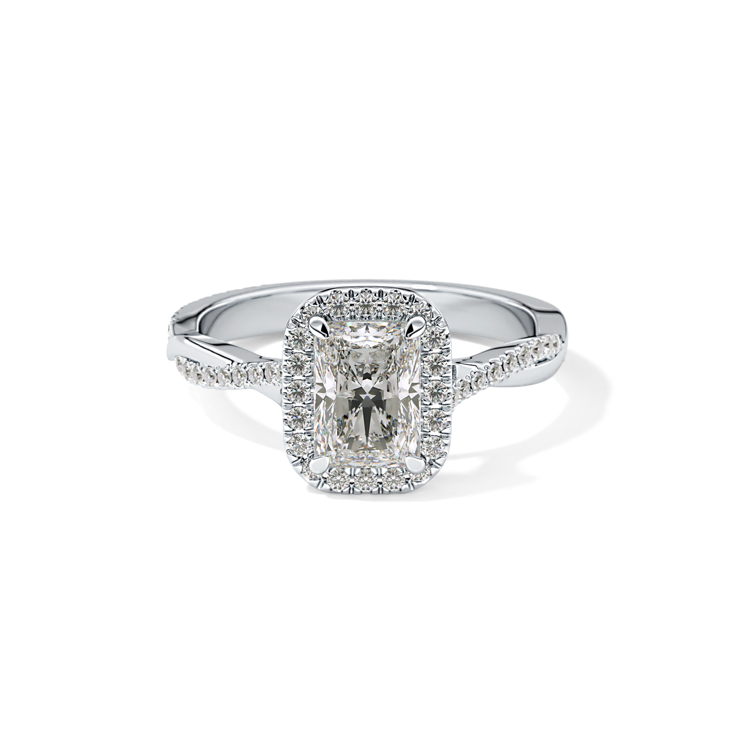 Radiant Cut 1.21 Carat Moissanite Ring – Twisted Shank, Halo and Pave Setting in Gold