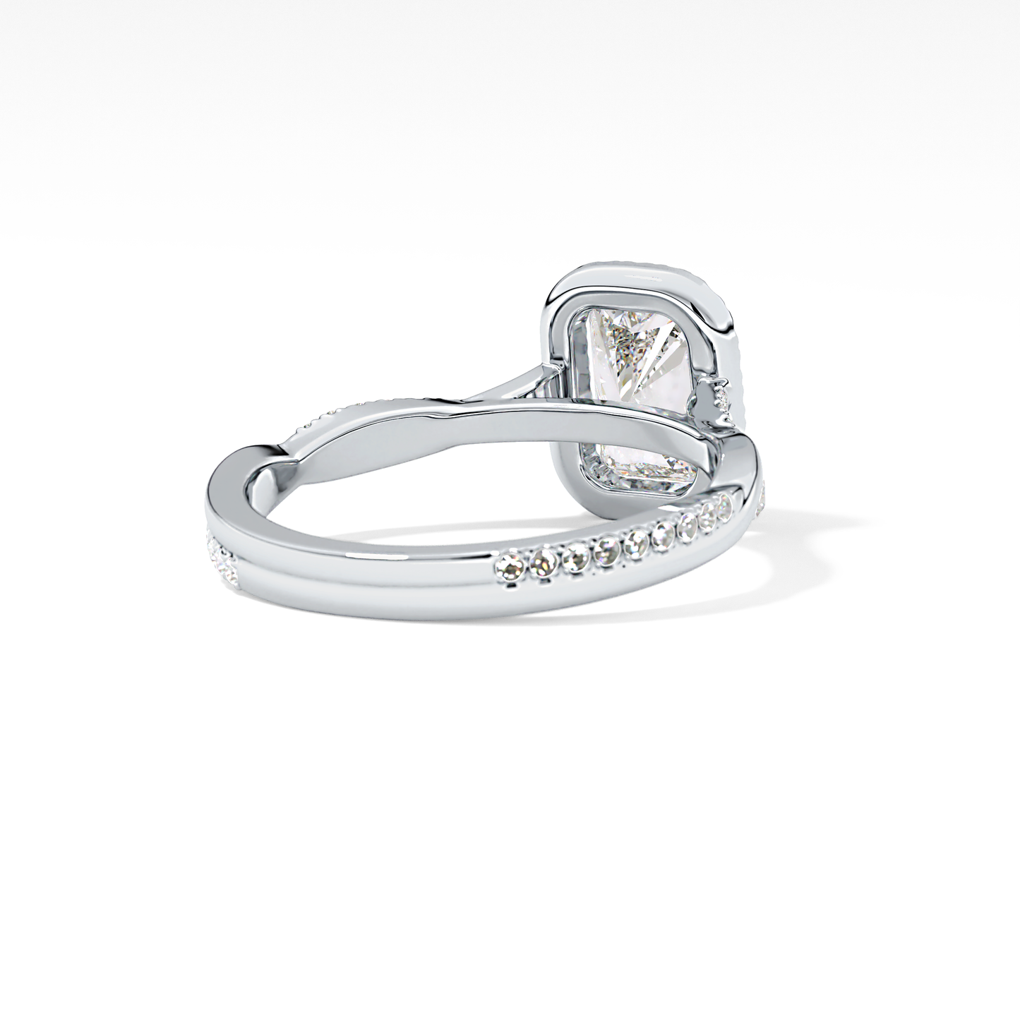 Radiant Cut 1.21 Carat Moissanite Ring – Twisted Shank, Halo and Pave Setting in Gold