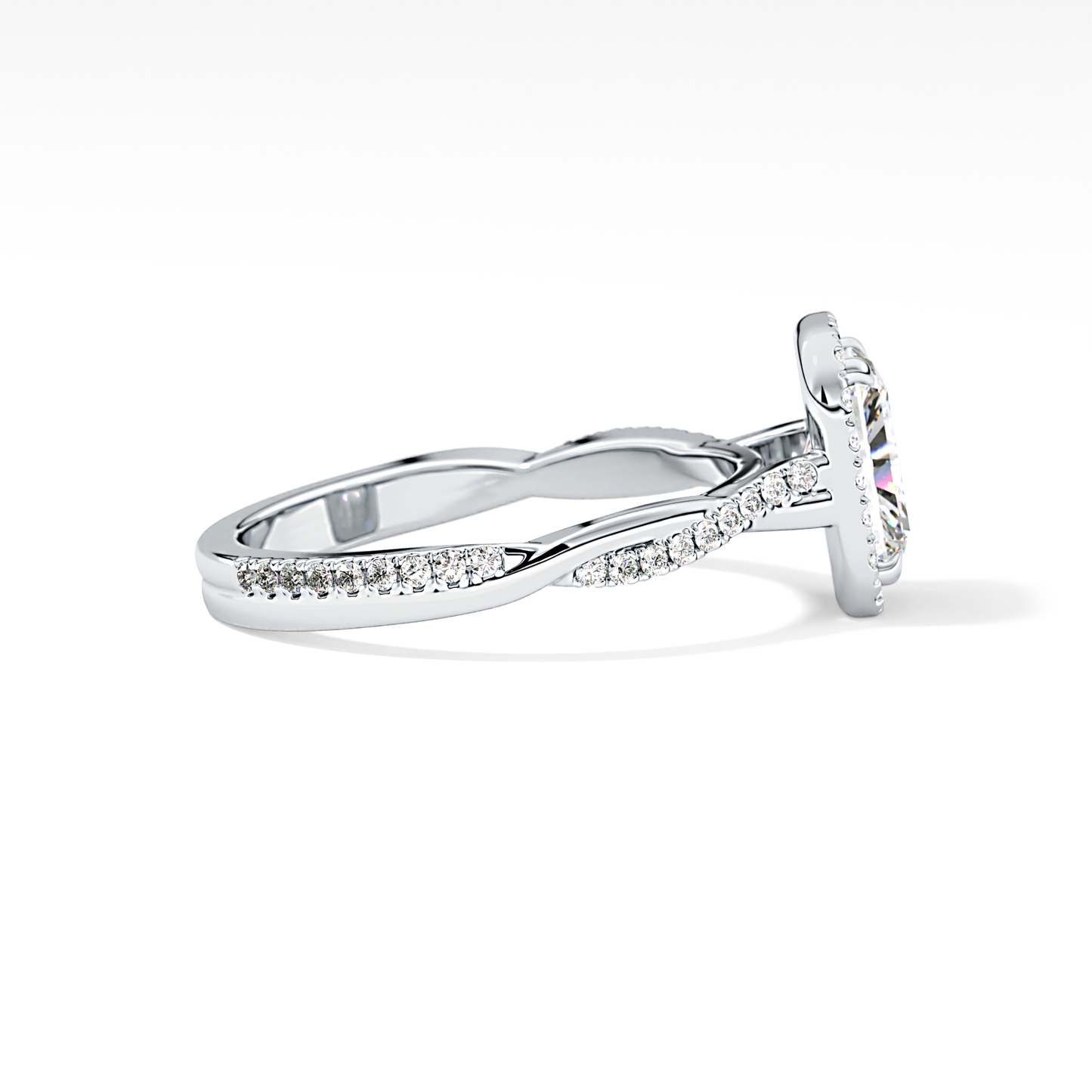 Radiant Cut 1.21 Carat Moissanite Ring – Twisted Shank, Halo and Pave Setting in Gold