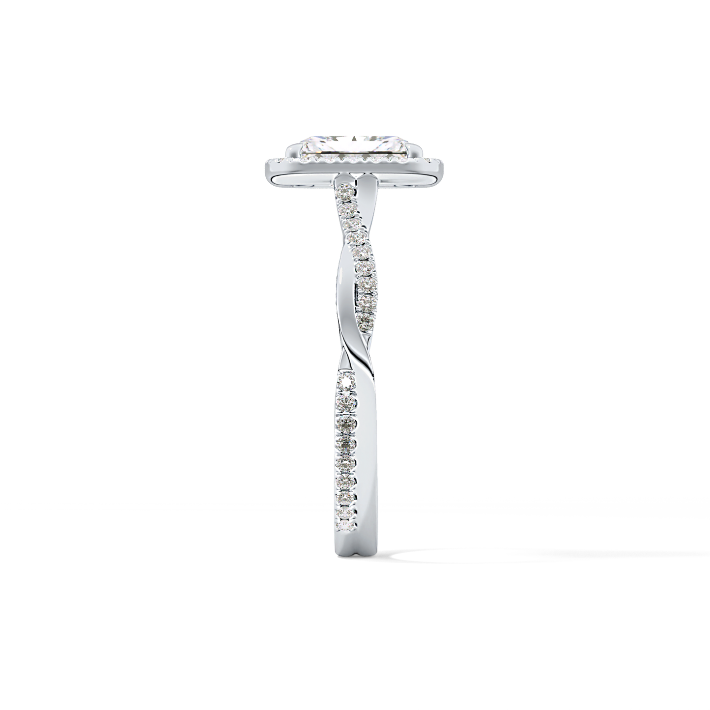 Radiant Cut 1.21 Carat Moissanite Ring – Twisted Shank, Halo and Pave Setting in Gold