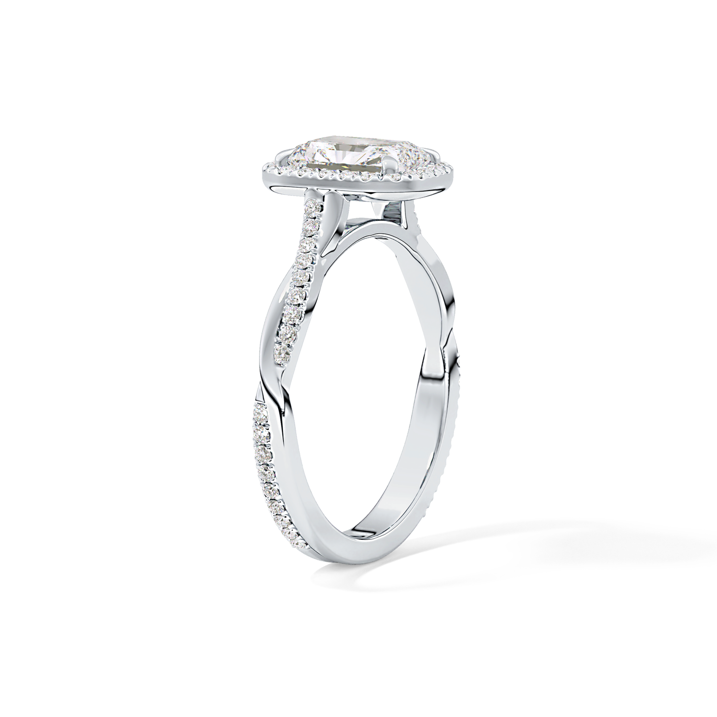 Radiant Cut 1.21 Carat Moissanite Ring – Twisted Shank, Halo and Pave Setting in Gold