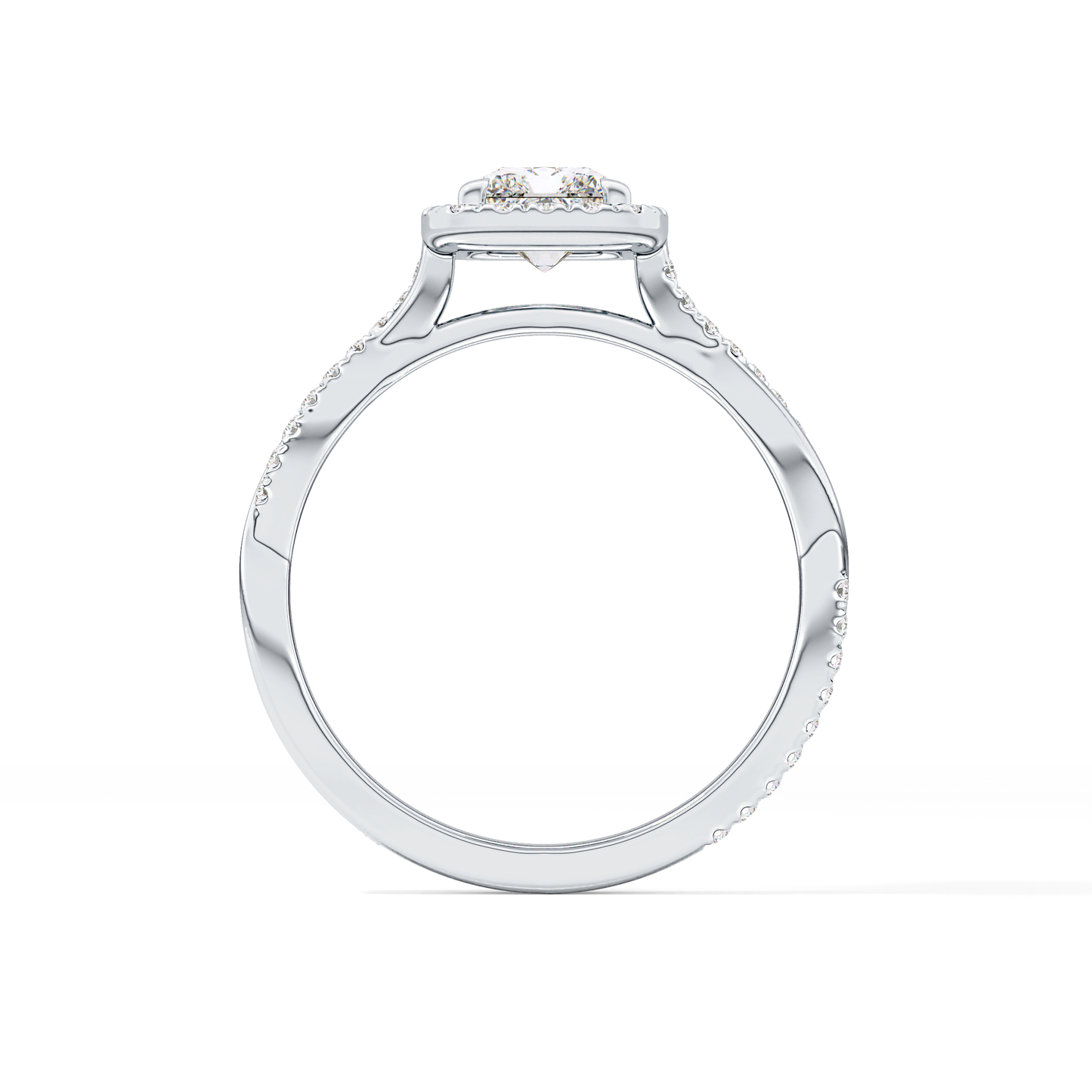 Radiant Cut 1.21 Carat Moissanite Ring – Twisted Shank, Halo and Pave Setting in Gold