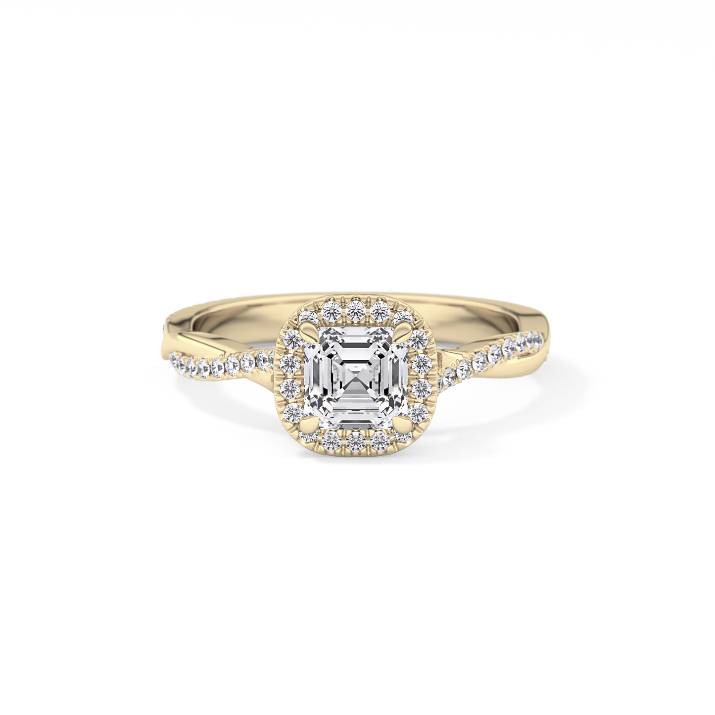 Asscher Cut 0.65 Carat Moissanite Ring – Twisted Shank, Halo and Pave Setting in Gold 7