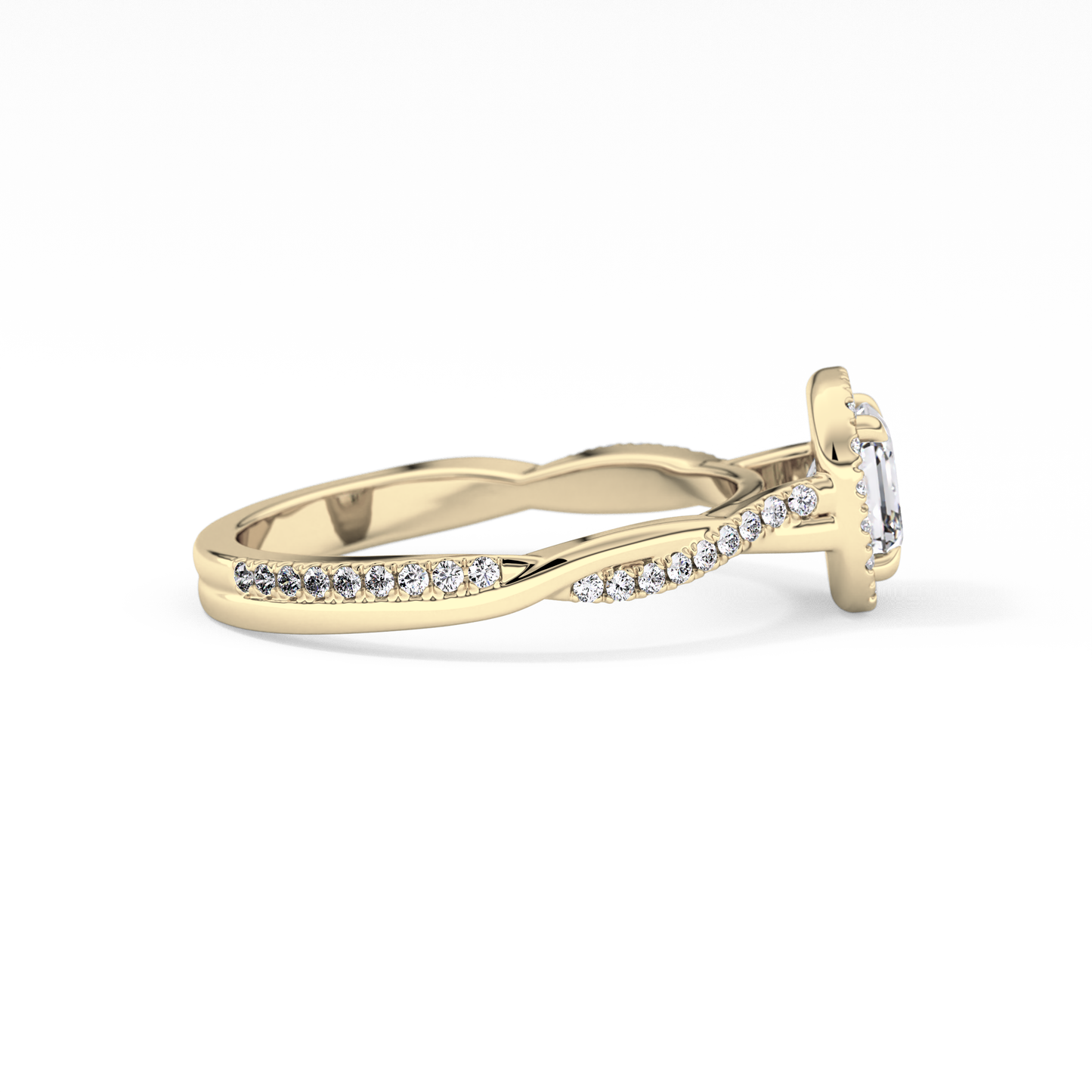 Asscher Cut 0.65 Carat Moissanite Ring – Twisted Shank, Halo and Pave Setting in Gold 9