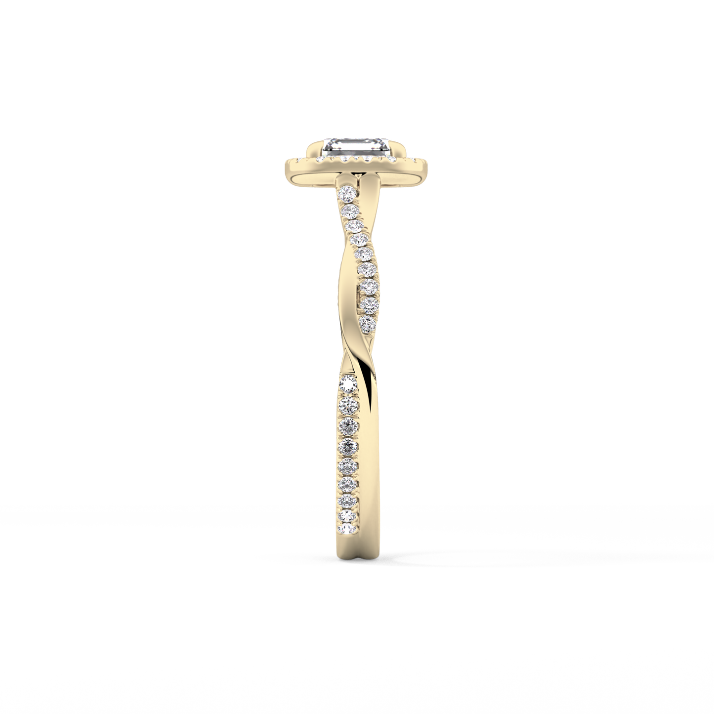 Asscher Cut 0.65 Carat Moissanite Ring – Twisted Shank, Halo and Pave Setting in Gold 10