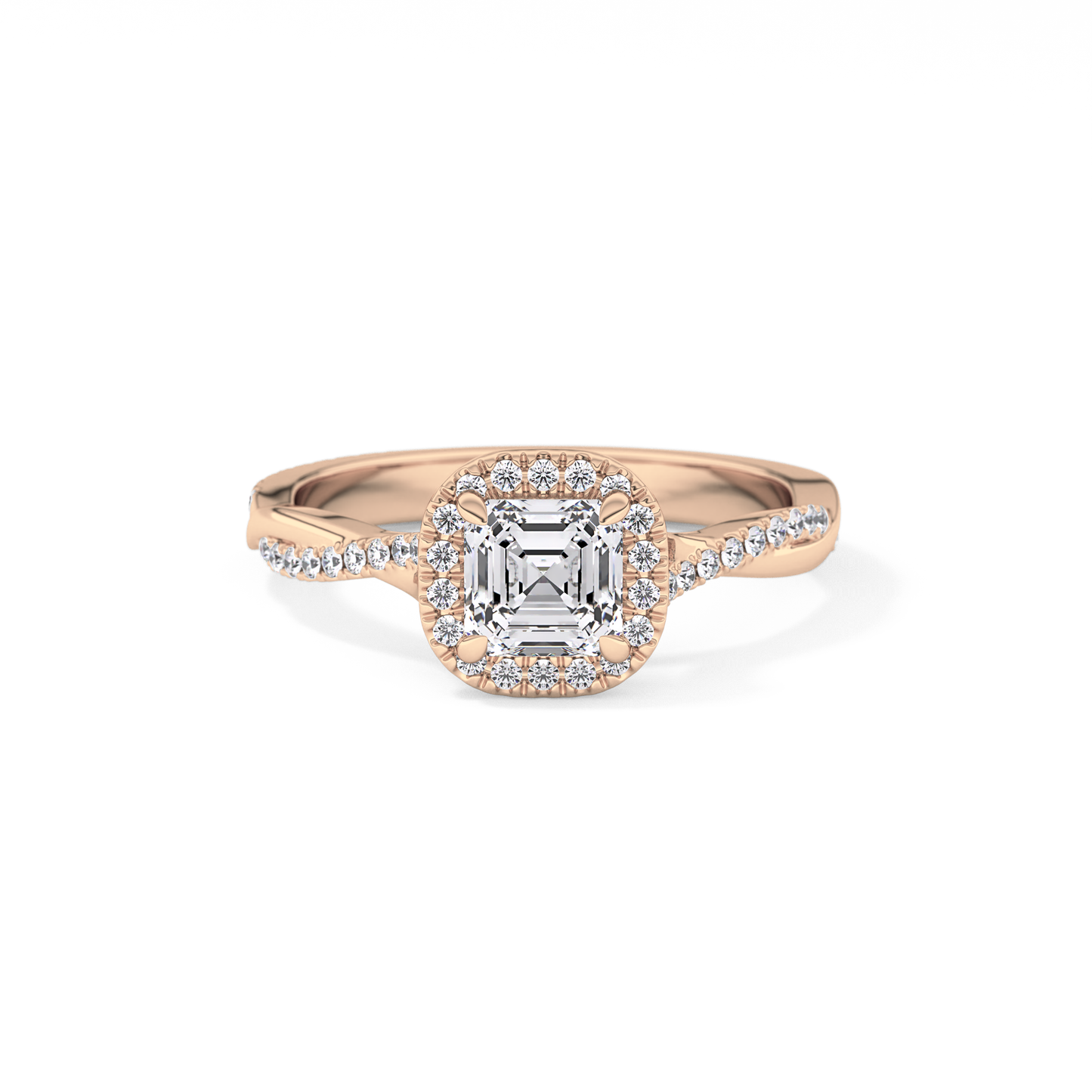 Asscher Cut 0.65 Carat Moissanite Ring – Twisted Shank, Halo and Pave Setting in Gold 13