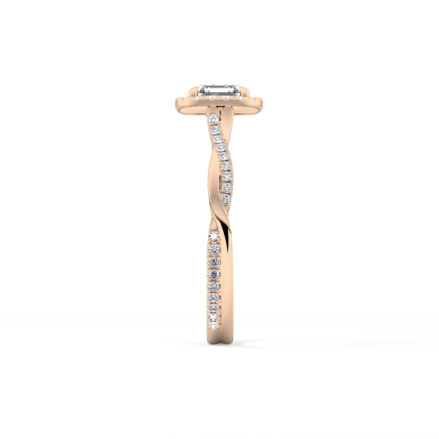 Asscher Cut 0.65 Carat Moissanite Ring – Twisted Shank, Halo and Pave Setting in Gold 16