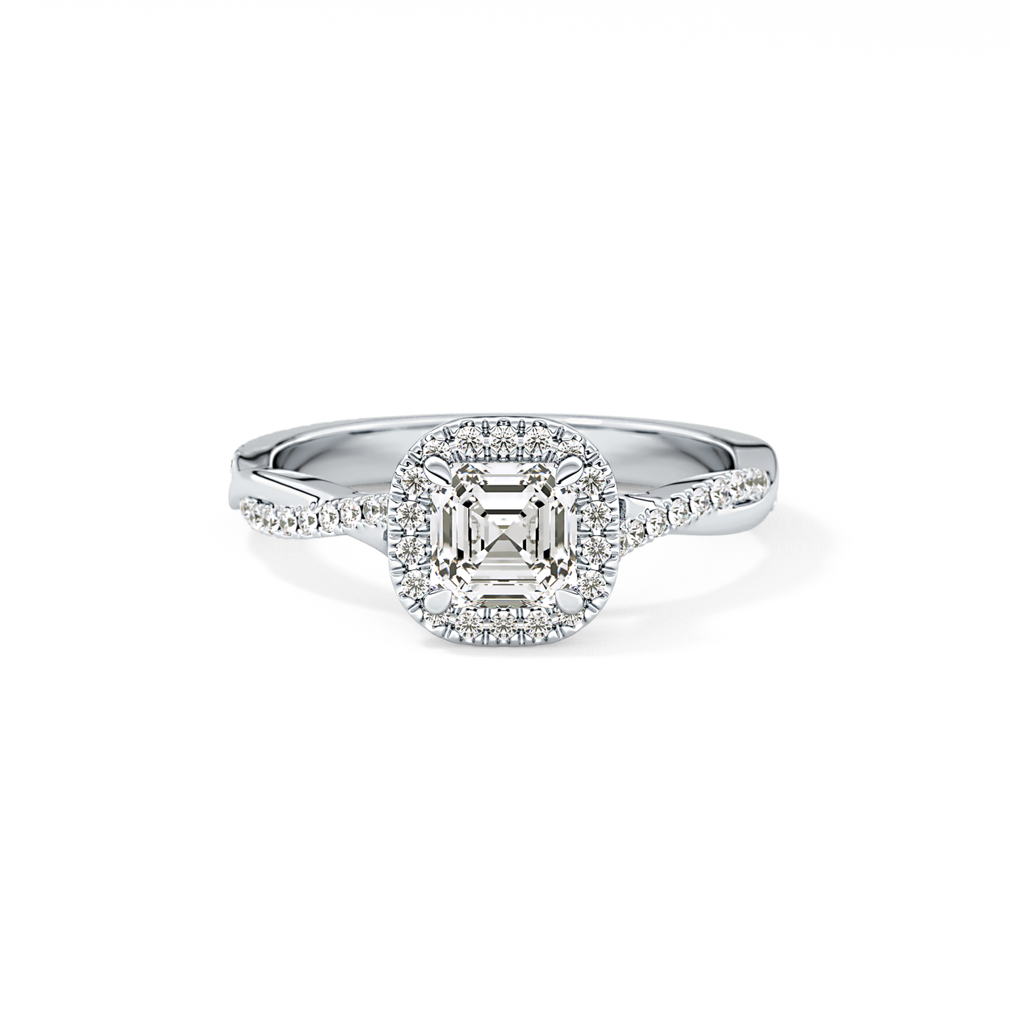 Asscher Cut 0.65 Carat Moissanite Ring – Twisted Shank, Halo and Pave Setting in Gold 1