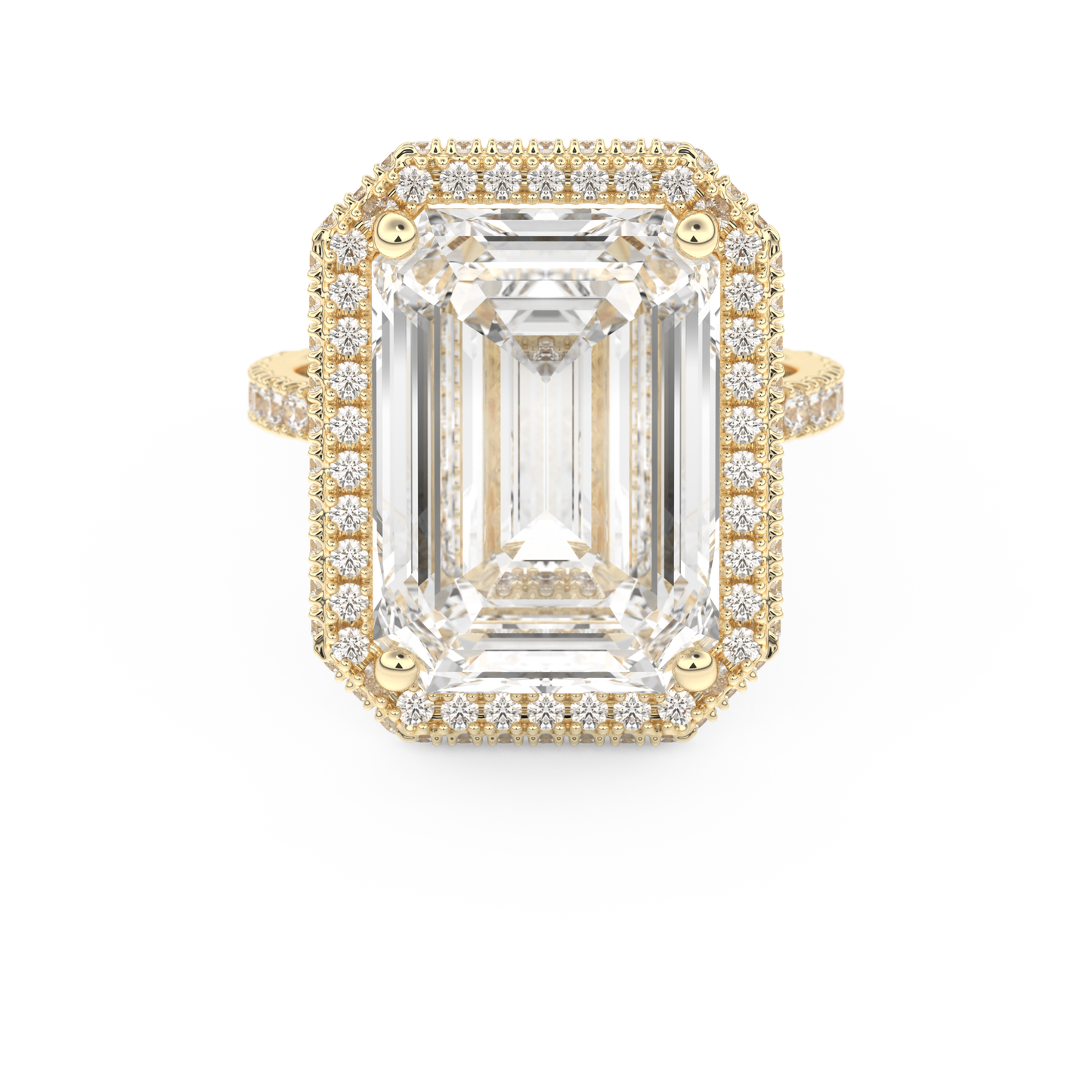 Elongated Emerald Cut 10.8 Carat Moissanite Ring – Hidden Halo & Pave Setting in Gold