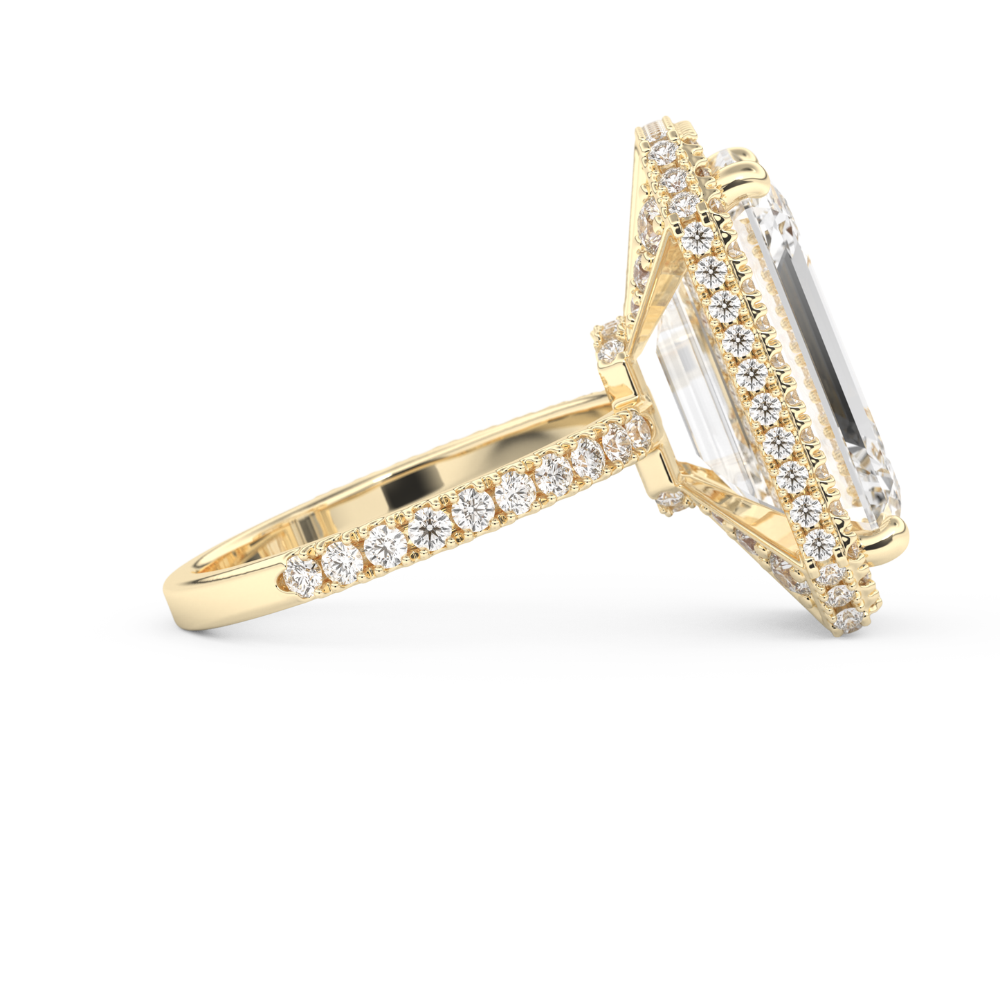 Elongated Emerald Cut 10.8 Carat Moissanite Ring – Hidden Halo & Pave Setting in Gold