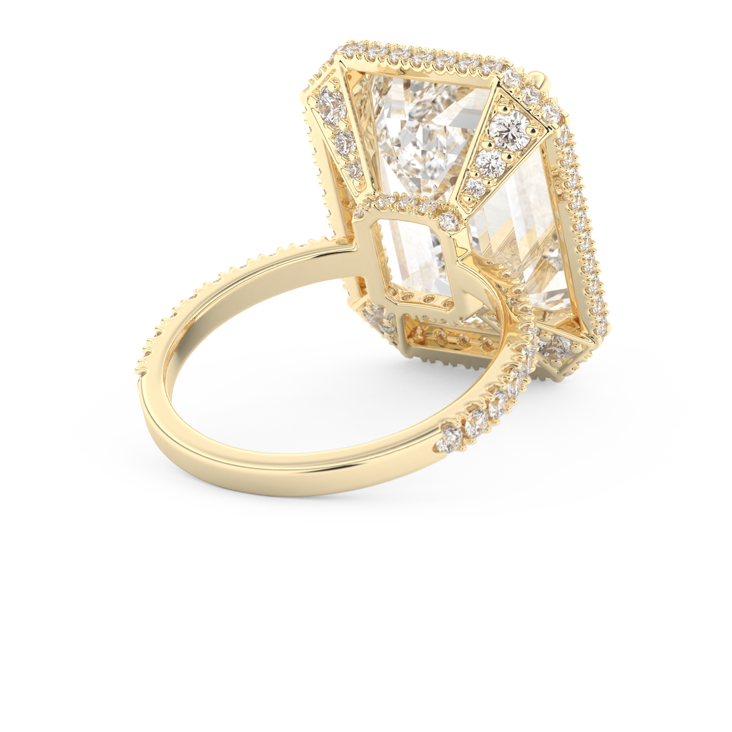 Elongated Emerald Cut 10.8 Carat Moissanite Ring – Hidden Halo & Pave Setting in Gold