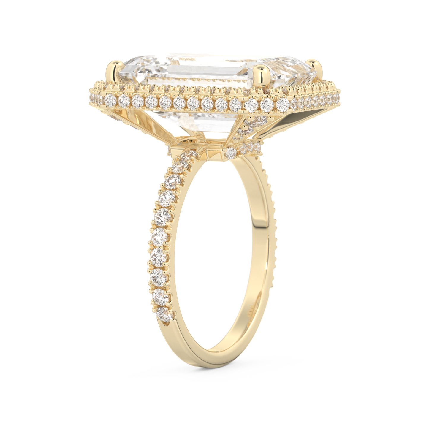 Elongated Emerald Cut 10.8 Carat Moissanite Ring – Hidden Halo & Pave Setting in Gold