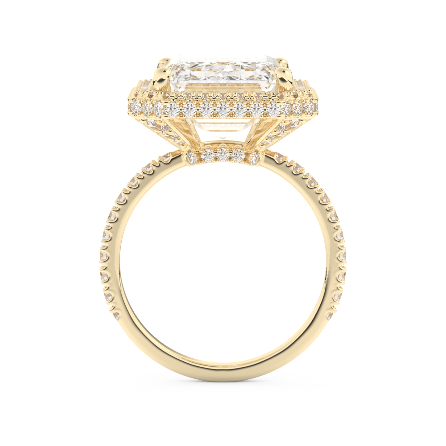 Elongated Emerald Cut 10.8 Carat Moissanite Ring – Hidden Halo & Pave Setting in Gold