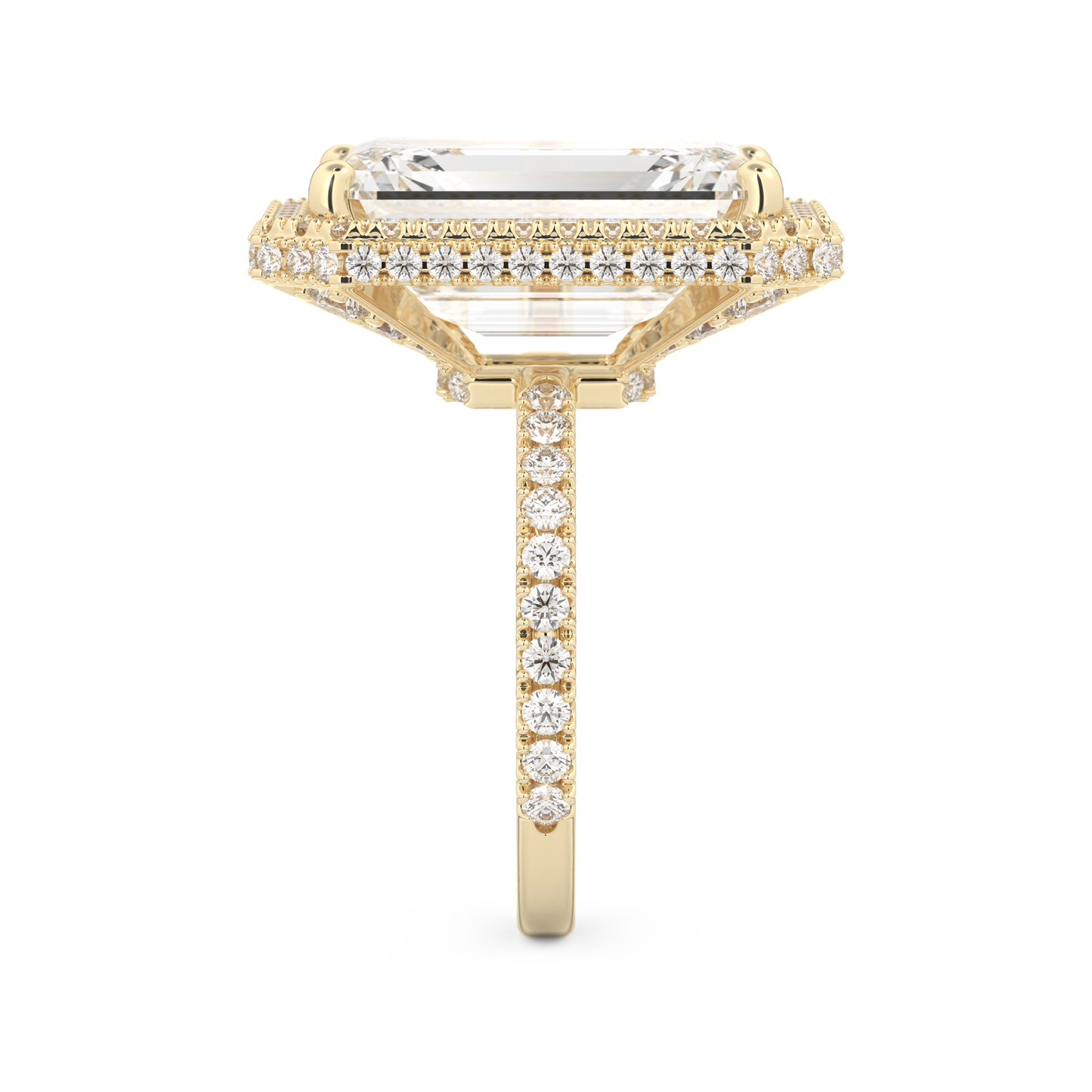 Elongated Emerald Cut 10.8 Carat Moissanite Ring – Hidden Halo & Pave Setting in Gold