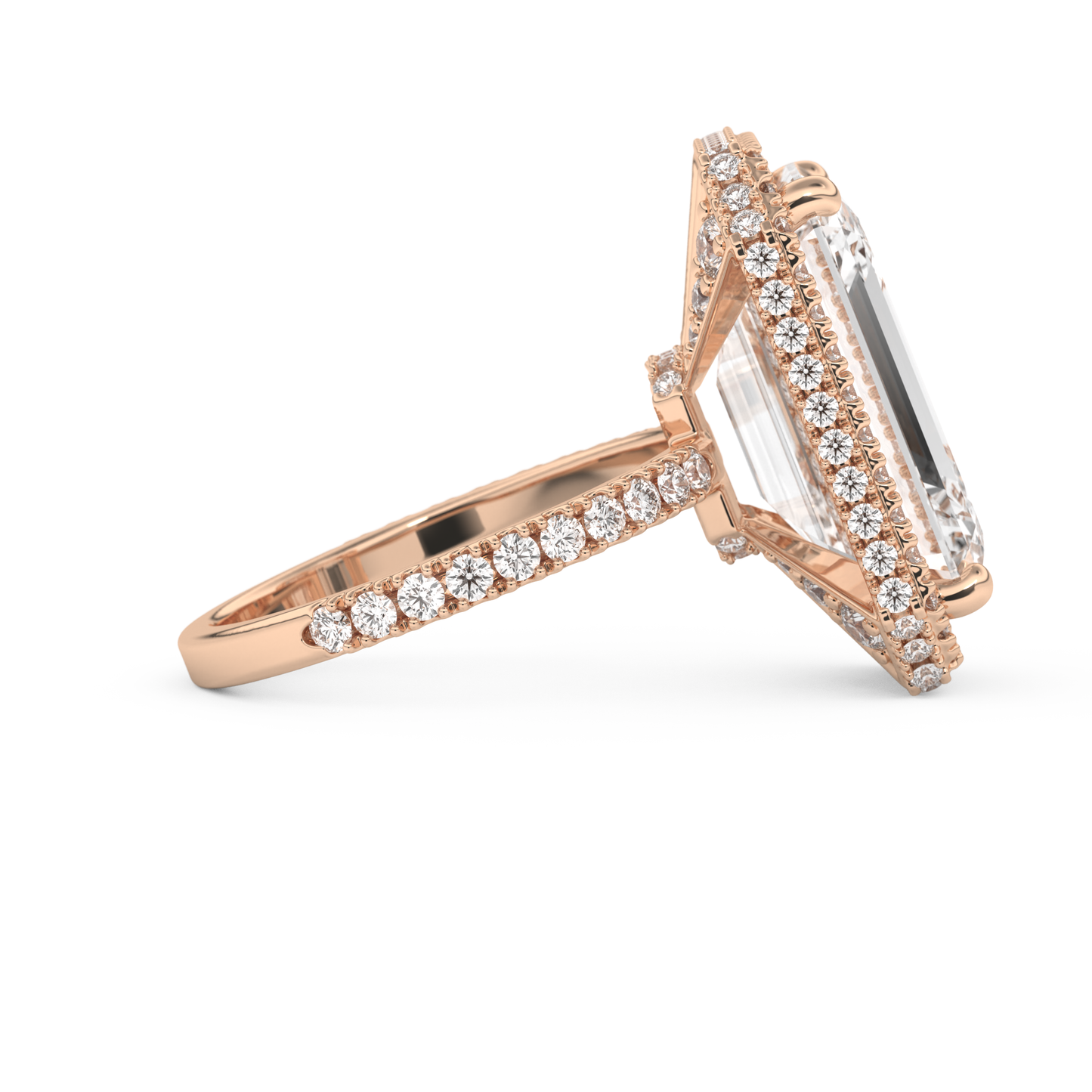 Elongated Emerald Cut 10.8 Carat Moissanite Ring – Hidden Halo & Pave Setting in Gold