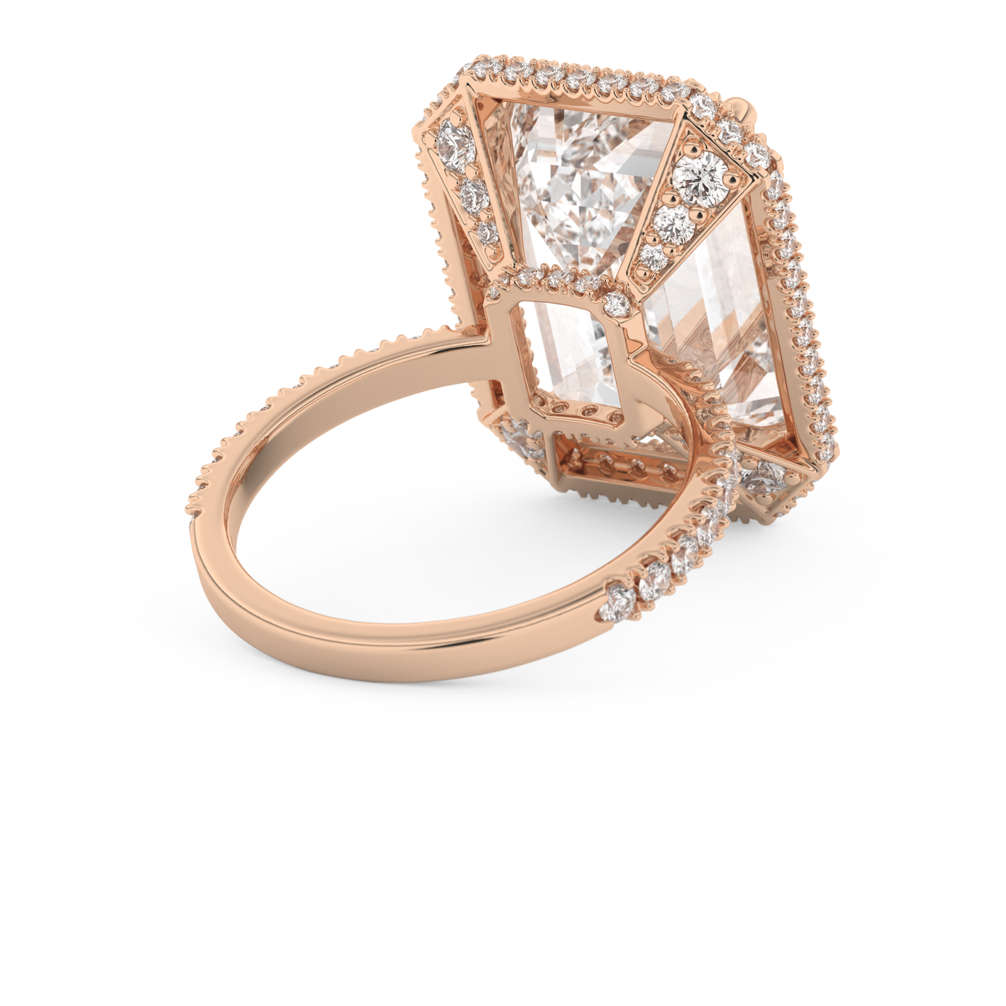 Elongated Emerald Cut 10.8 Carat Moissanite Ring – Hidden Halo & Pave Setting in Gold