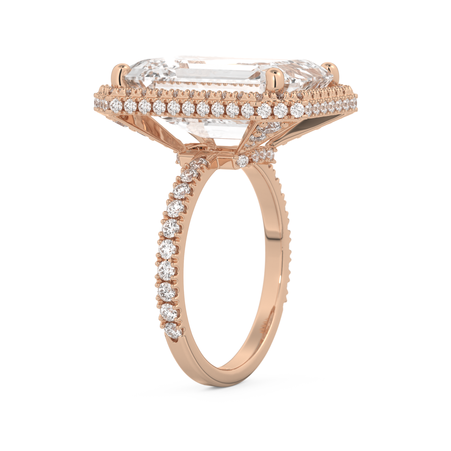 Elongated Emerald Cut 10.8 Carat Moissanite Ring – Hidden Halo & Pave Setting in Gold