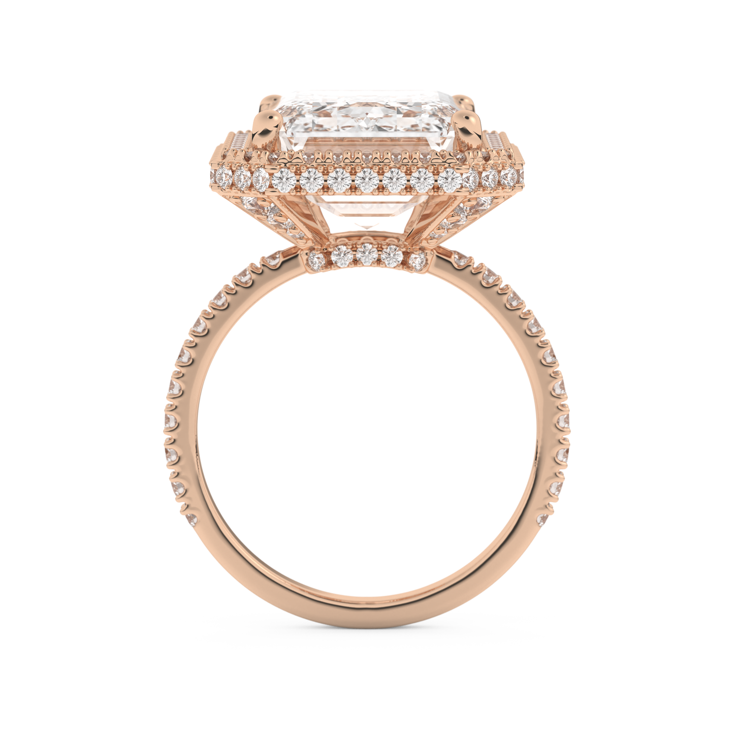 Elongated Emerald Cut 10.8 Carat Moissanite Ring – Hidden Halo & Pave Setting in Gold