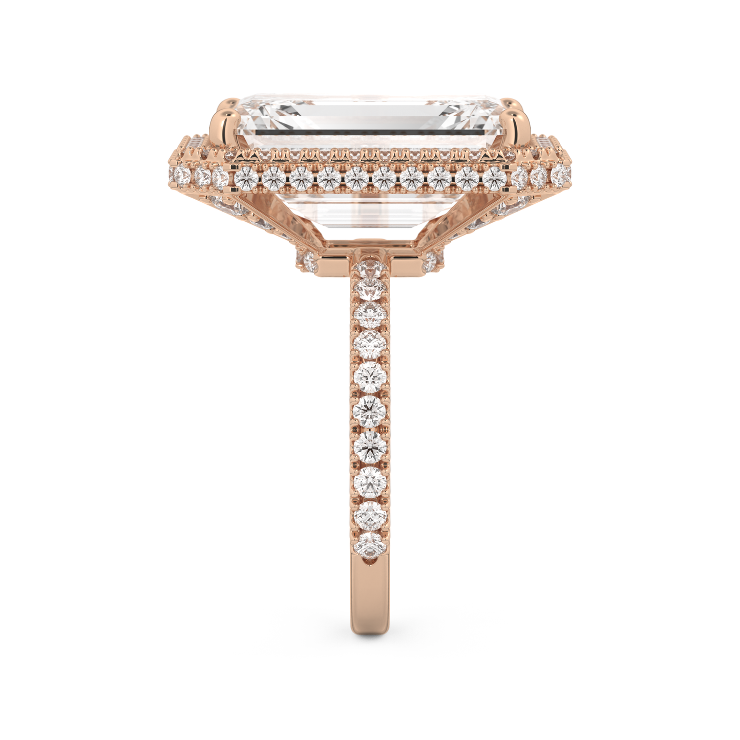 Elongated Emerald Cut 10.8 Carat Moissanite Ring – Hidden Halo & Pave Setting in Gold