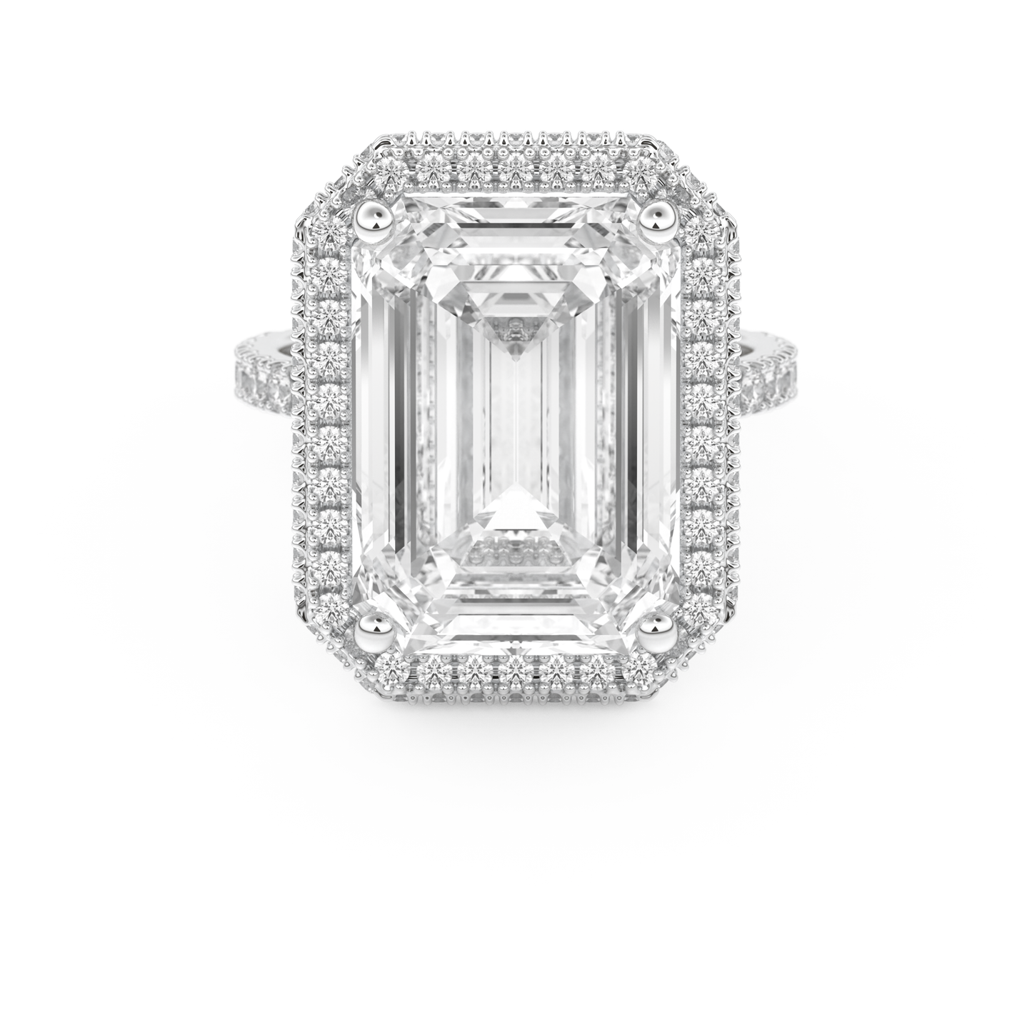 Elongated Emerald Cut 10.8 Carat Moissanite Ring – Hidden Halo & Pave Setting in Gold
