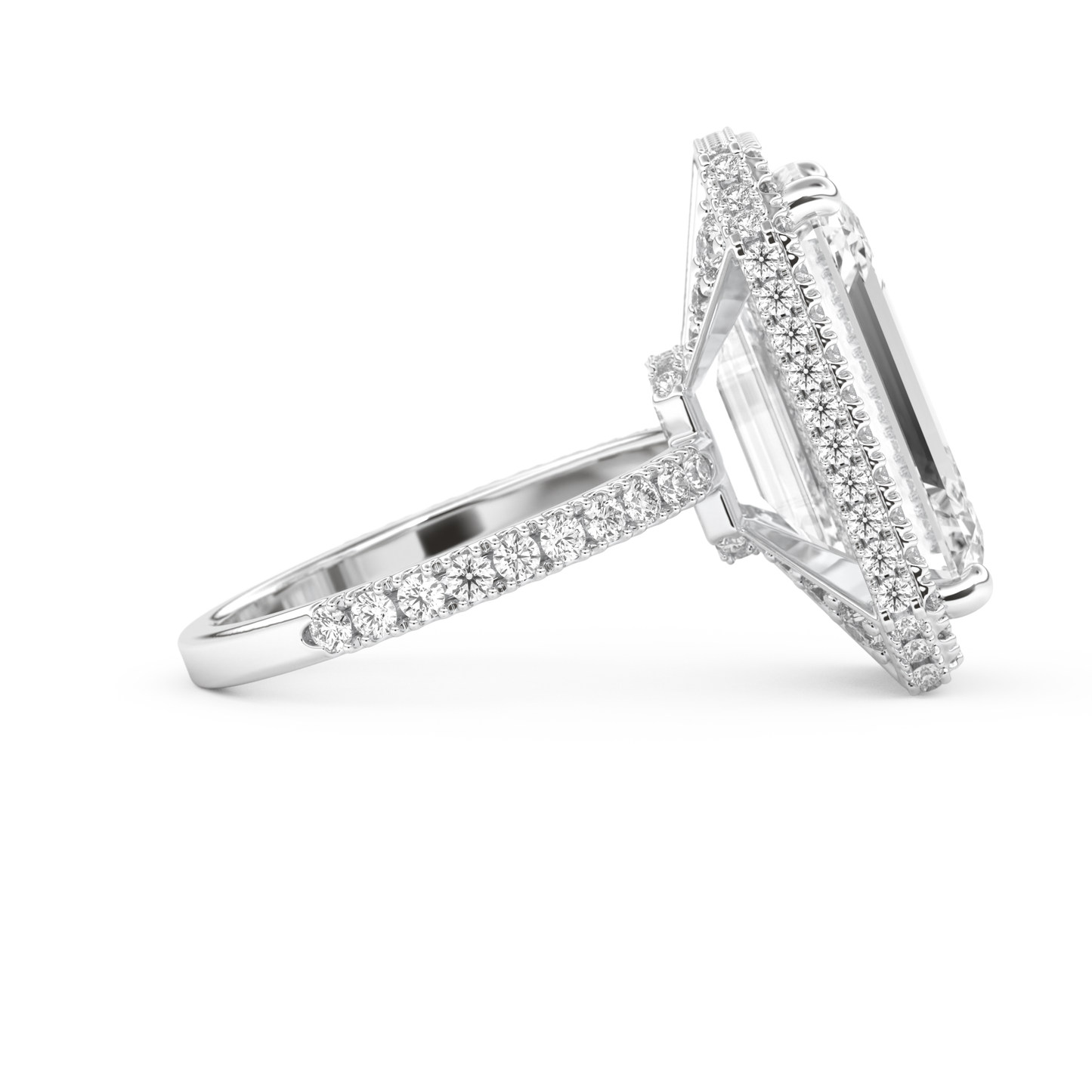 Elongated Emerald Cut 10.8 Carat Moissanite Ring – Hidden Halo & Pave Setting in Gold