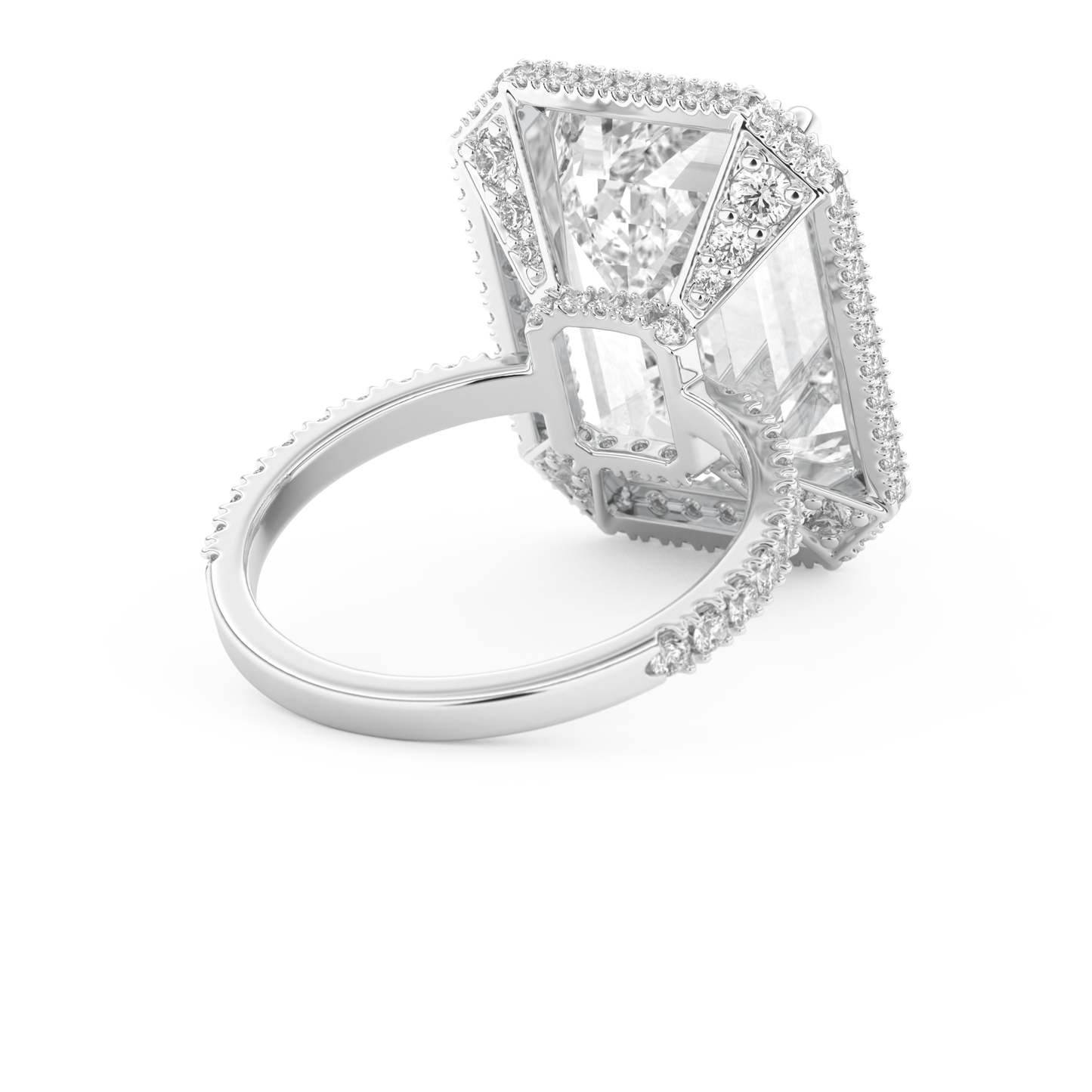 Elongated Emerald Cut 10.8 Carat Moissanite Ring – Hidden Halo & Pave Setting in Gold