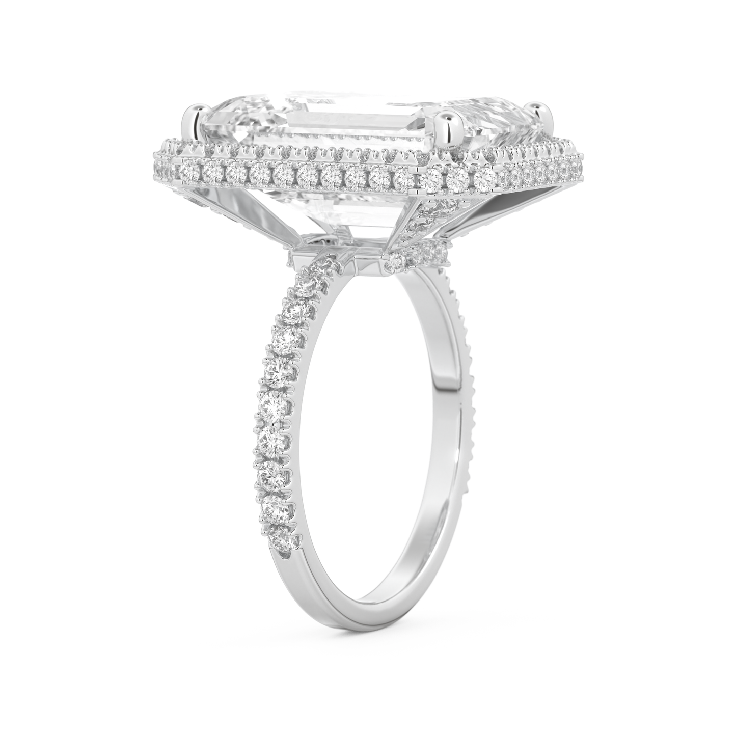 Elongated Emerald Cut 10.8 Carat Moissanite Ring – Hidden Halo & Pave Setting in Gold